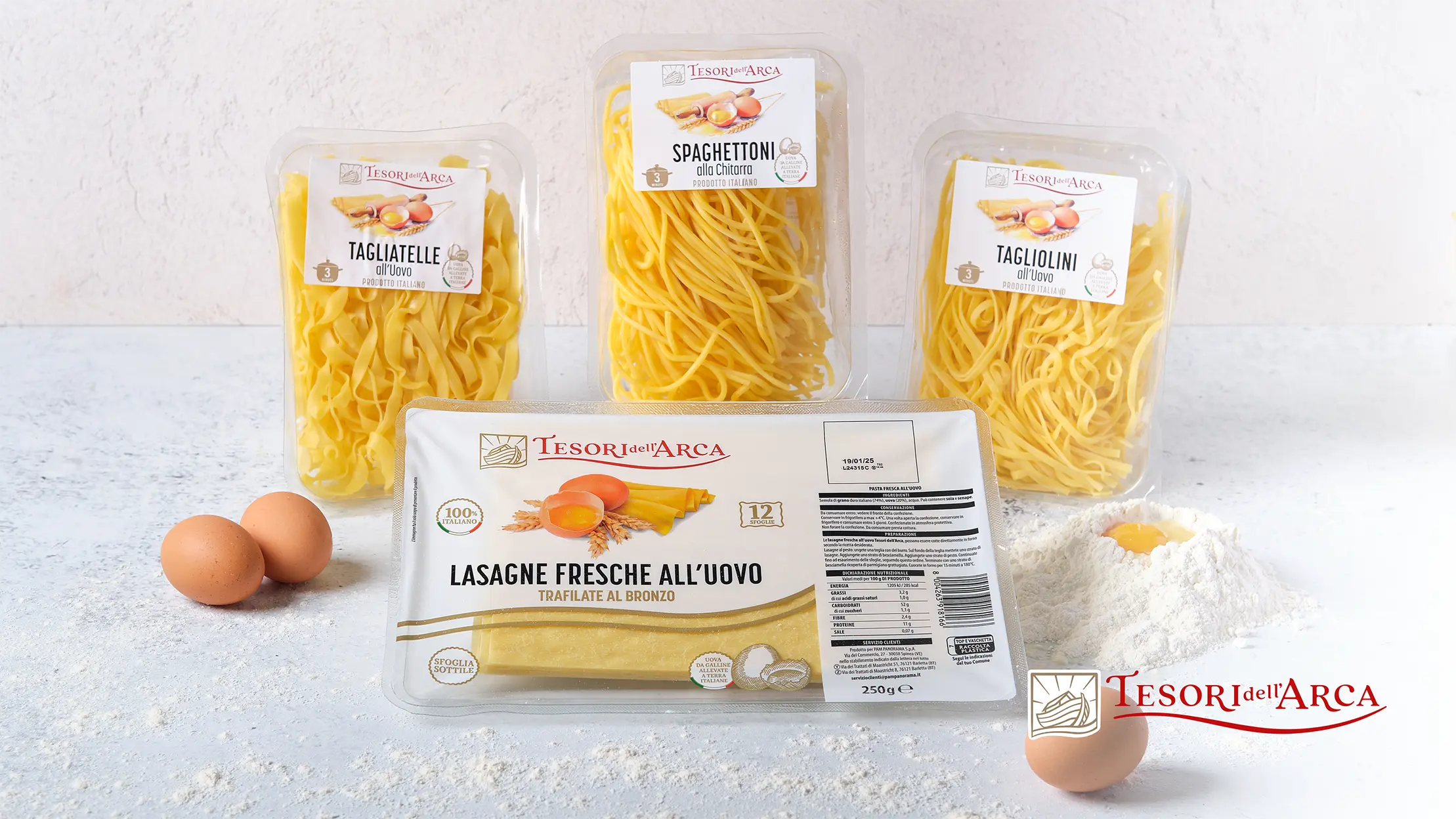La pasta fresca Tesori dell'Arca è l'emblema della tradizione culinaria italiana, ideale per ogni occasione, dai pranzi in famiglia alle cene con amici. Le Tagliatelle e i Tagliolini all'uovo, perfetti con sughi corposi, si uniscono alle Lasagne fresche per piatti conviviali. I Ravioli ricotta ed erbetta, insieme a quelli al Brasato e ai Girasoli cacio e pepe, offrono un'esperienza di gusto unica, capace di sorprendere anche i palati più esigenti.