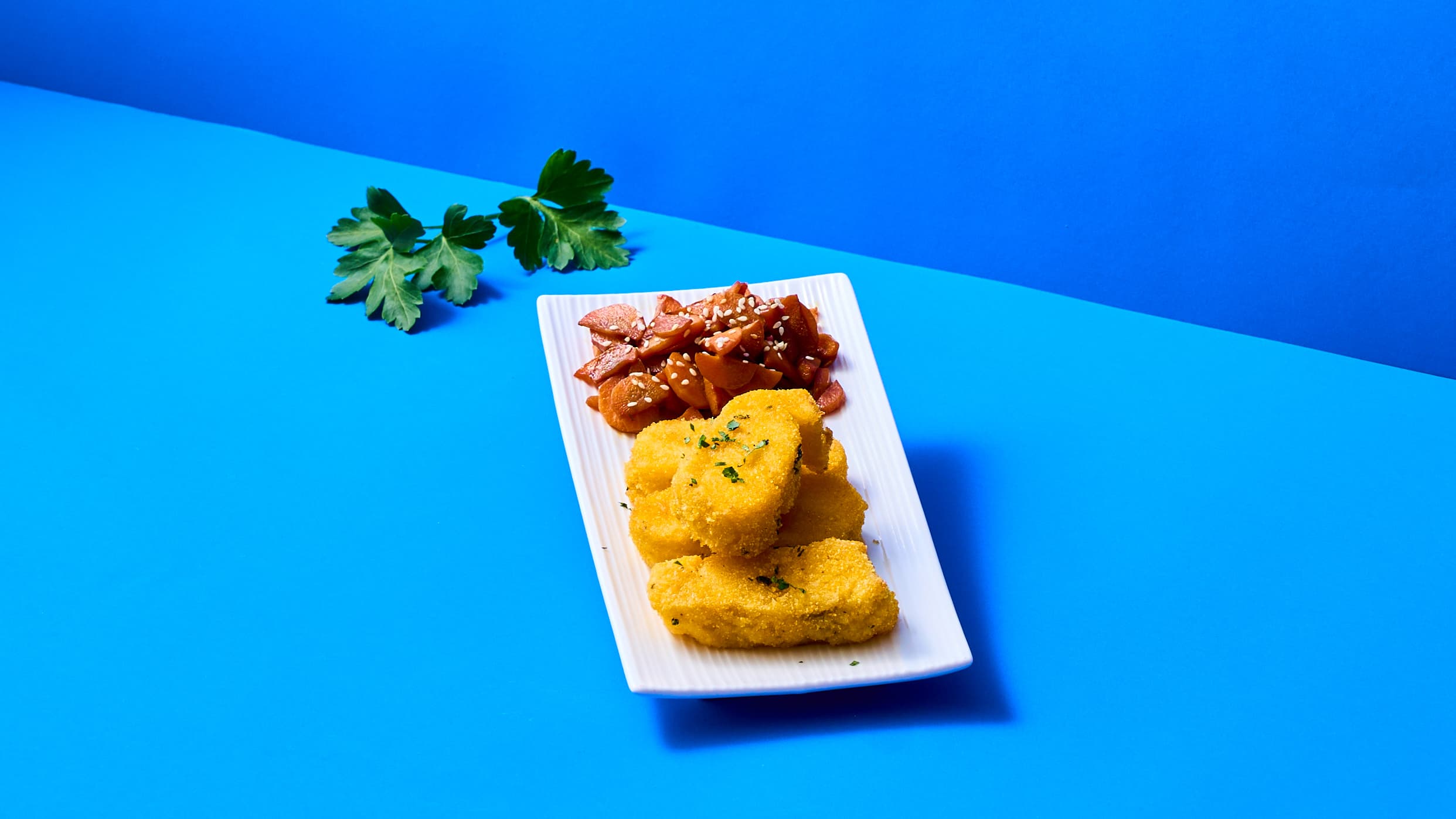 Bocconcini cuori di Merluzzo panati con carote, salsa di soia e sesamo