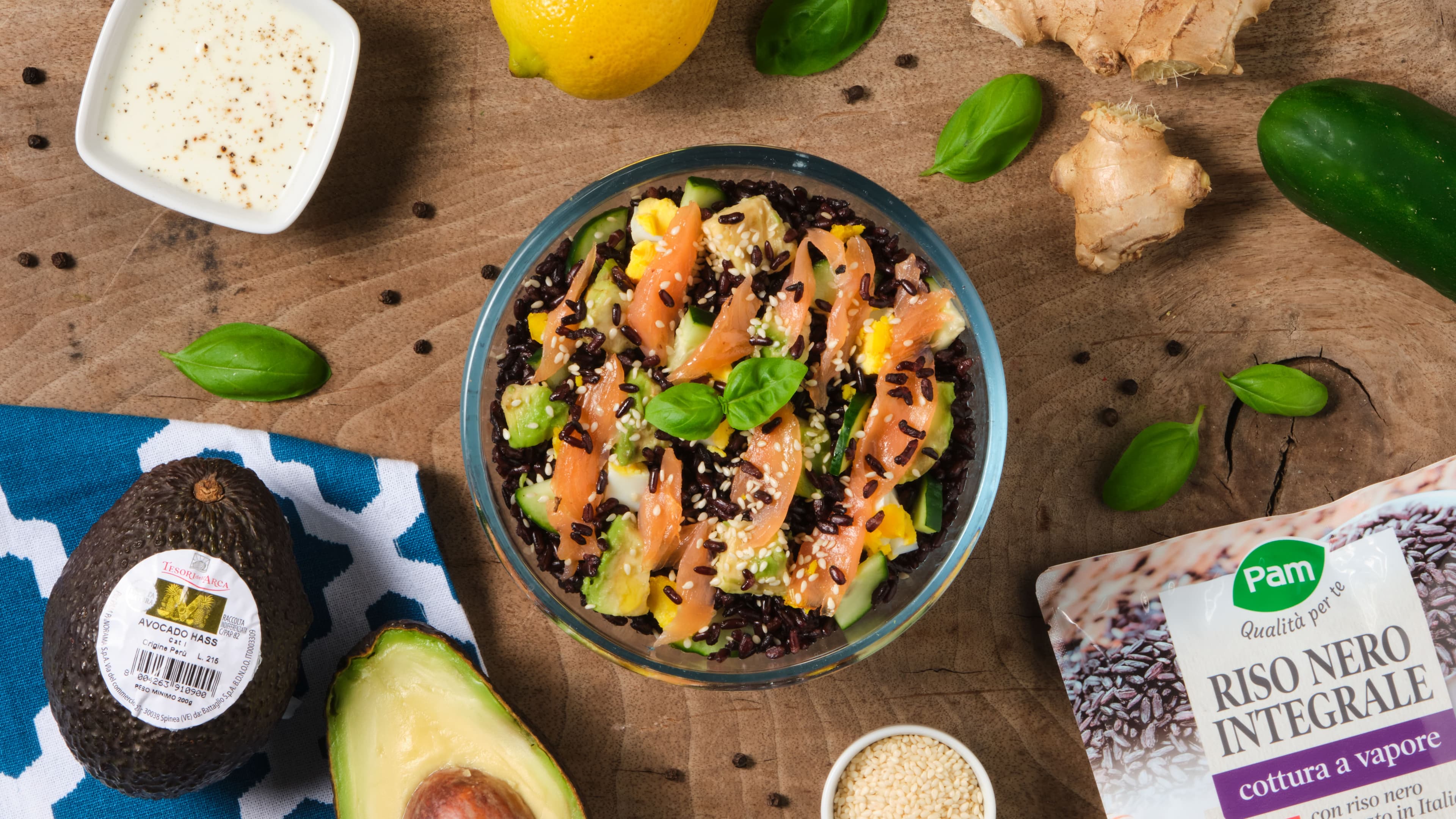 Salmon avocado rice bowl