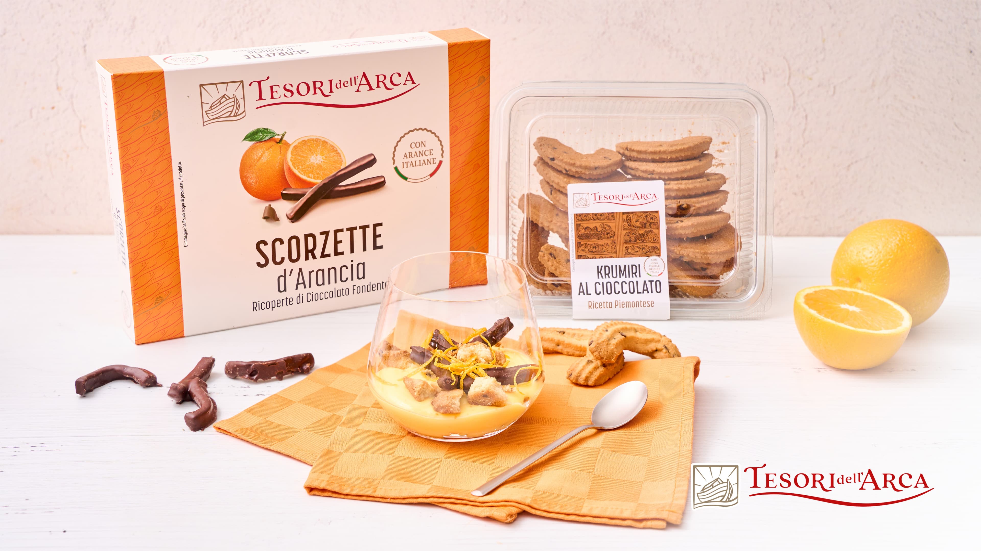 Crema all'arancia, krumiri al cioccolato e scorzette di arancia