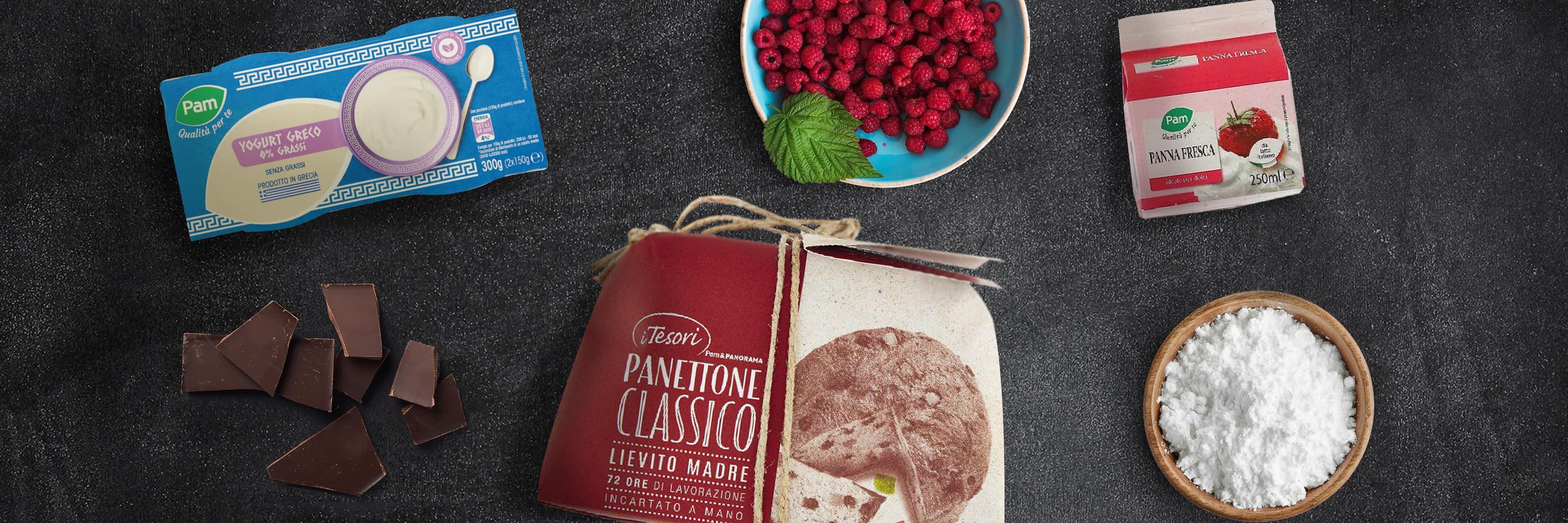 Panettone farcito con yogurt greco, cioccolato e lamponi