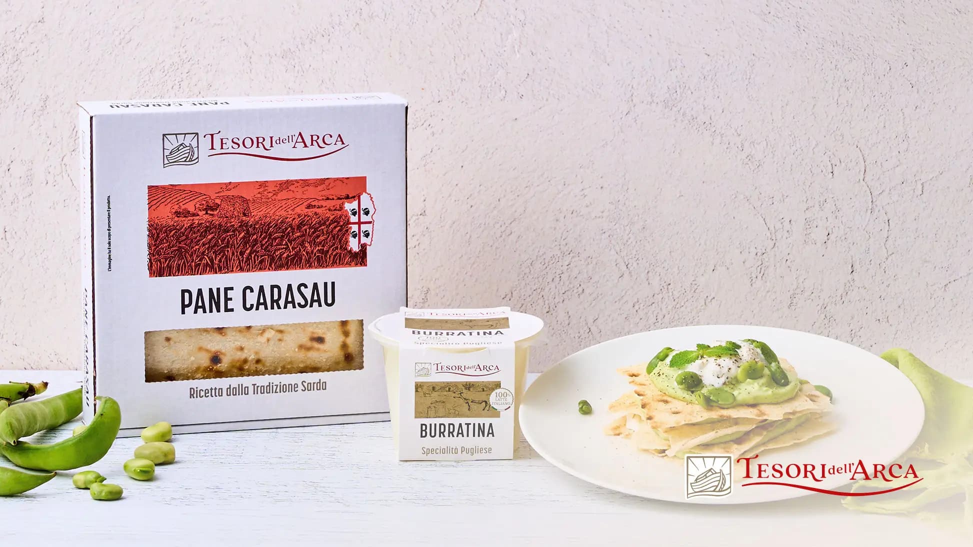 Millefoglie di pane carasau con burratina e crema di fave