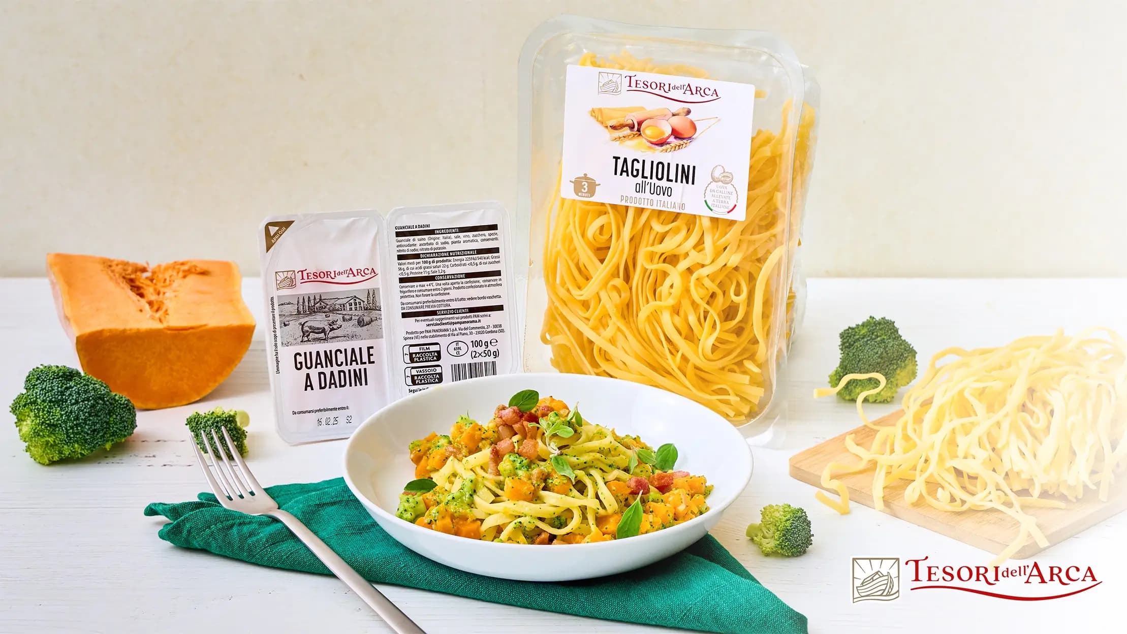 Tagliolini con verdure, parmigiano e guanciale a cubetti