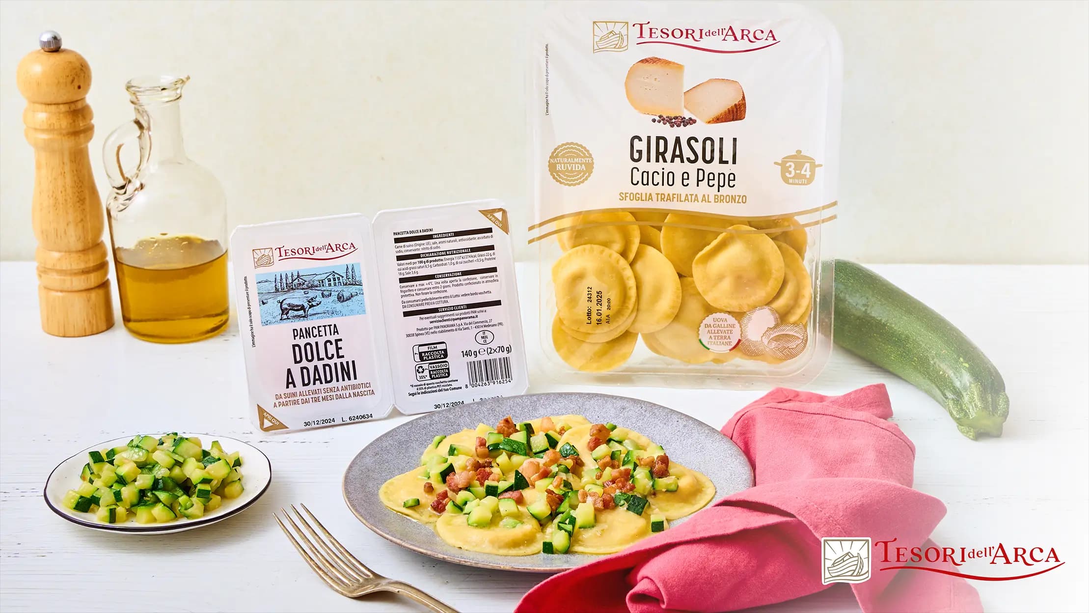 Girasoli cacio e pepe con zucchine e pancetta