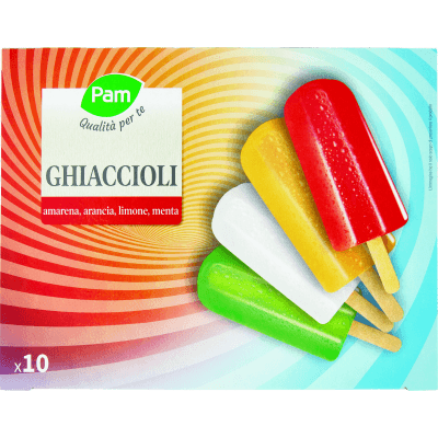 PAM Qualità per te Ghiaccioli amarena, arancia, limone, menta 10 x 70 g Ghiacciolo all'amarena: Ghiacciolo all'arancia: Ghiacciolo al limone: Ghiacciolo al gusto menta: