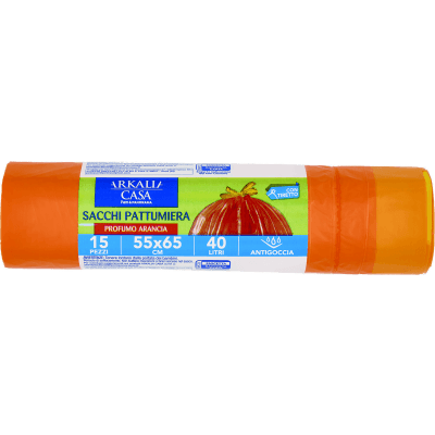 ARKALIA CASA Sacchi Pattumiera Profumo Arancia con Tiretto 55x65 cm 40 Litri Antigoccia 15 pz