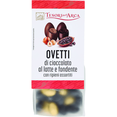 TESORI DELL'ARCA Ovetti di cioccolato al latte e fondente con ripieni assortiti 180 g Praline di cioccolato al latte con ripieno alla nocciola Praline di cioccolato fondente con ripieno al cacao e granella di fave di cacao