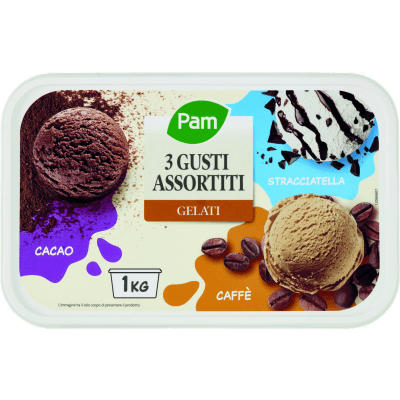 PAM Gelati 3 Gusti Assortiti Stracciatella, Cacao, Caffè 1000 g