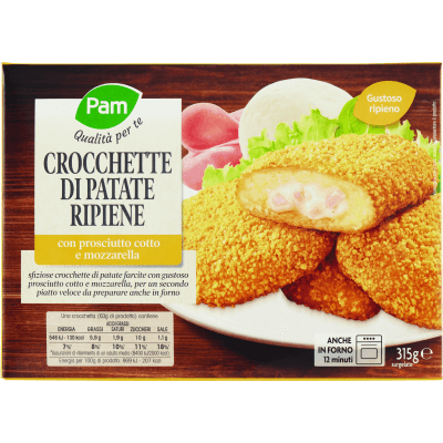 PAM Qualità per te Crocchette di Patate Ripiene con prosciutto cotto e mozzarella surgelate 5 x 63g