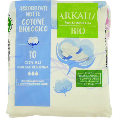 ARKALIA BIO Assorbenti Notte Cotone Biologico con Ali Ripiegati in Bustina 10 pz