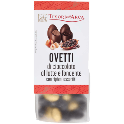 TESORI DELL'ARCA Ovetti di cioccolato al latte e fondente con ripieni assortiti 180 g Praline di cioccolato al latte con ripieno alla nocciola Praline di cioccolato fondente con ripieno al cacao e granella di fave di cacao – immagine 9
