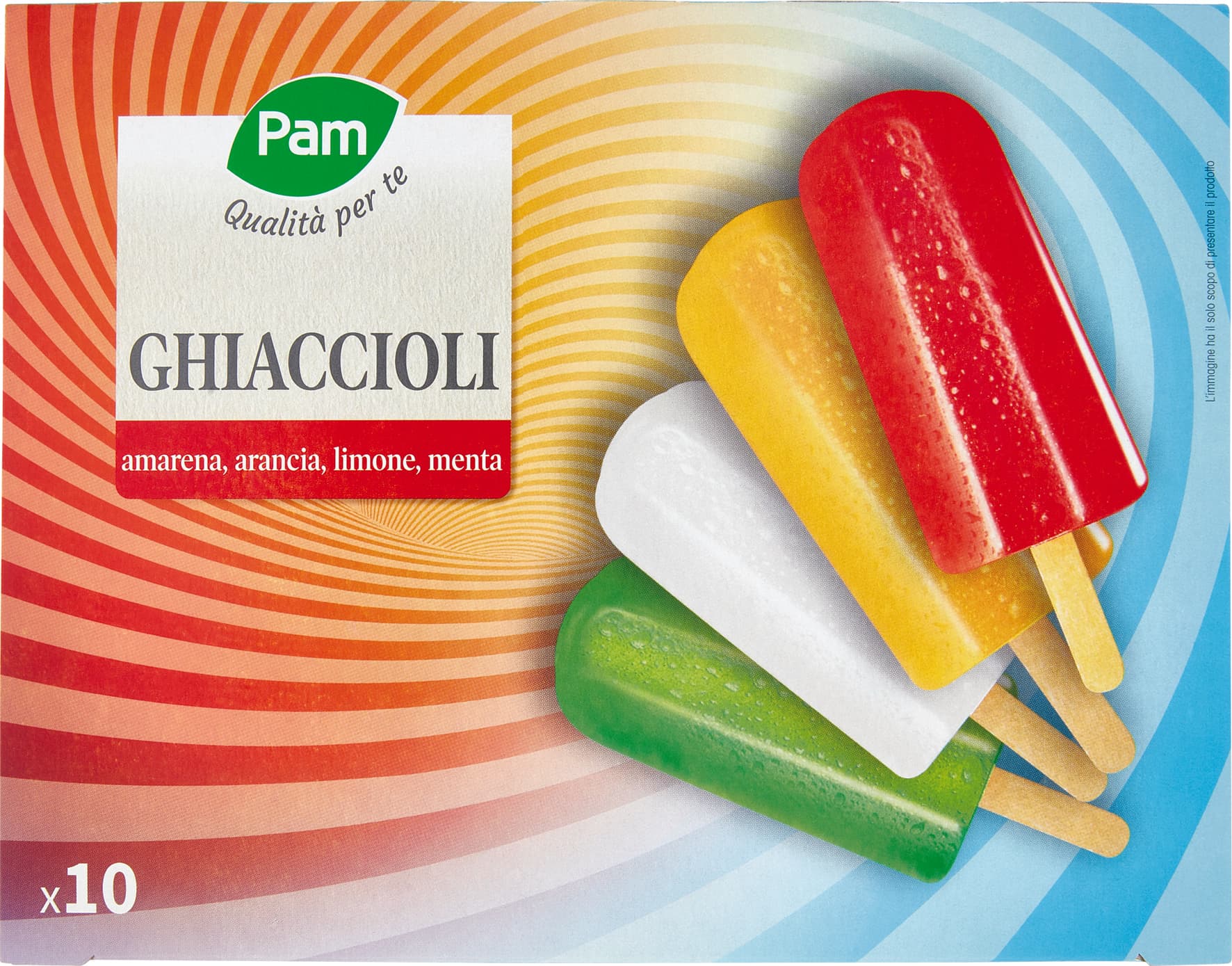 PAM Qualità per te Ghiaccioli amarena, arancia, limone, menta 10 x 70 g Ghiacciolo all'amarena: Ghiacciolo all'arancia: Ghiacciolo al limone: Ghiacciolo al gusto menta: – immagine 1