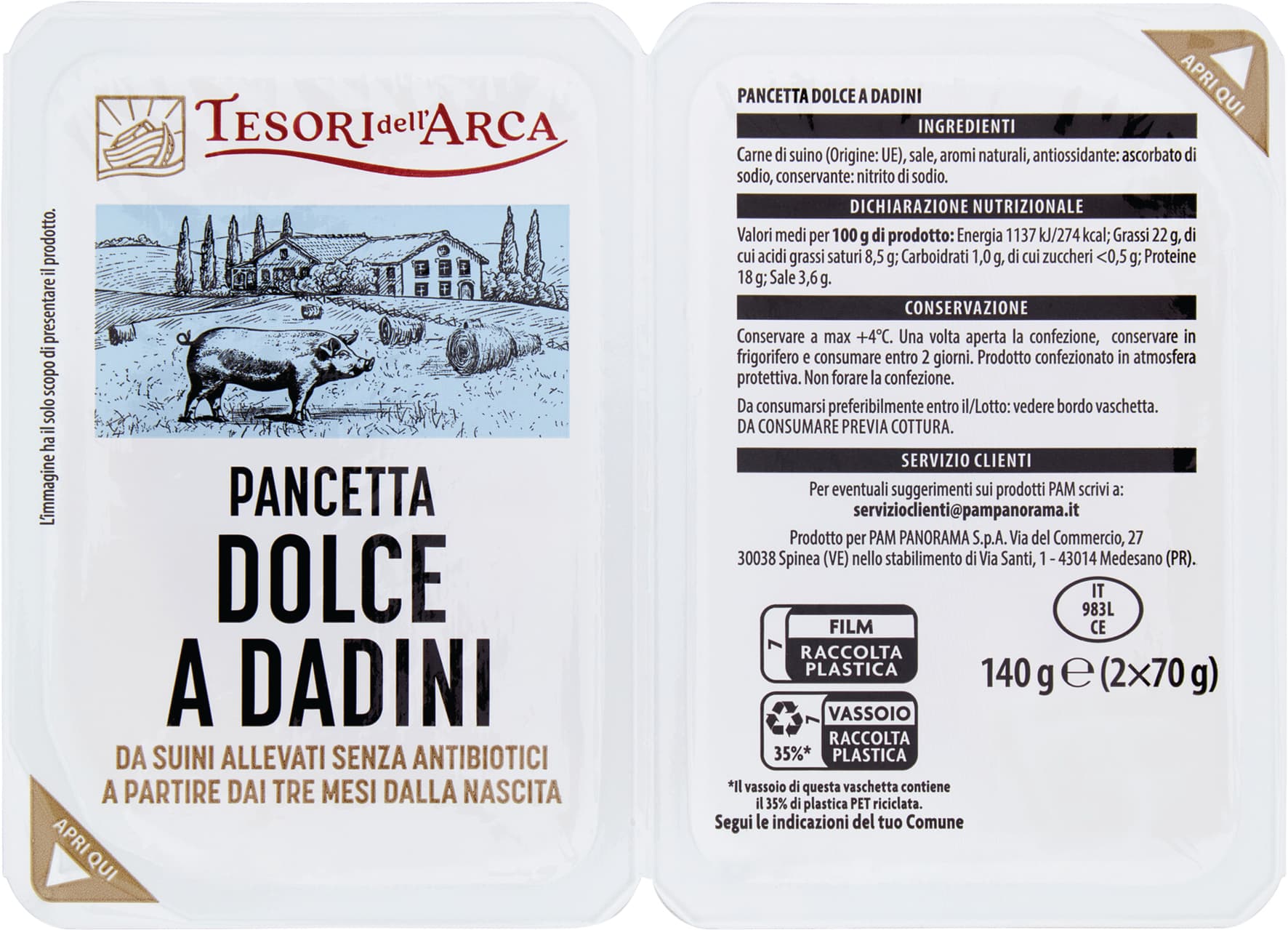 TESORI DELL'ARCA Pancetta Dolce a Dadini 2 x 70 g – immagine 1