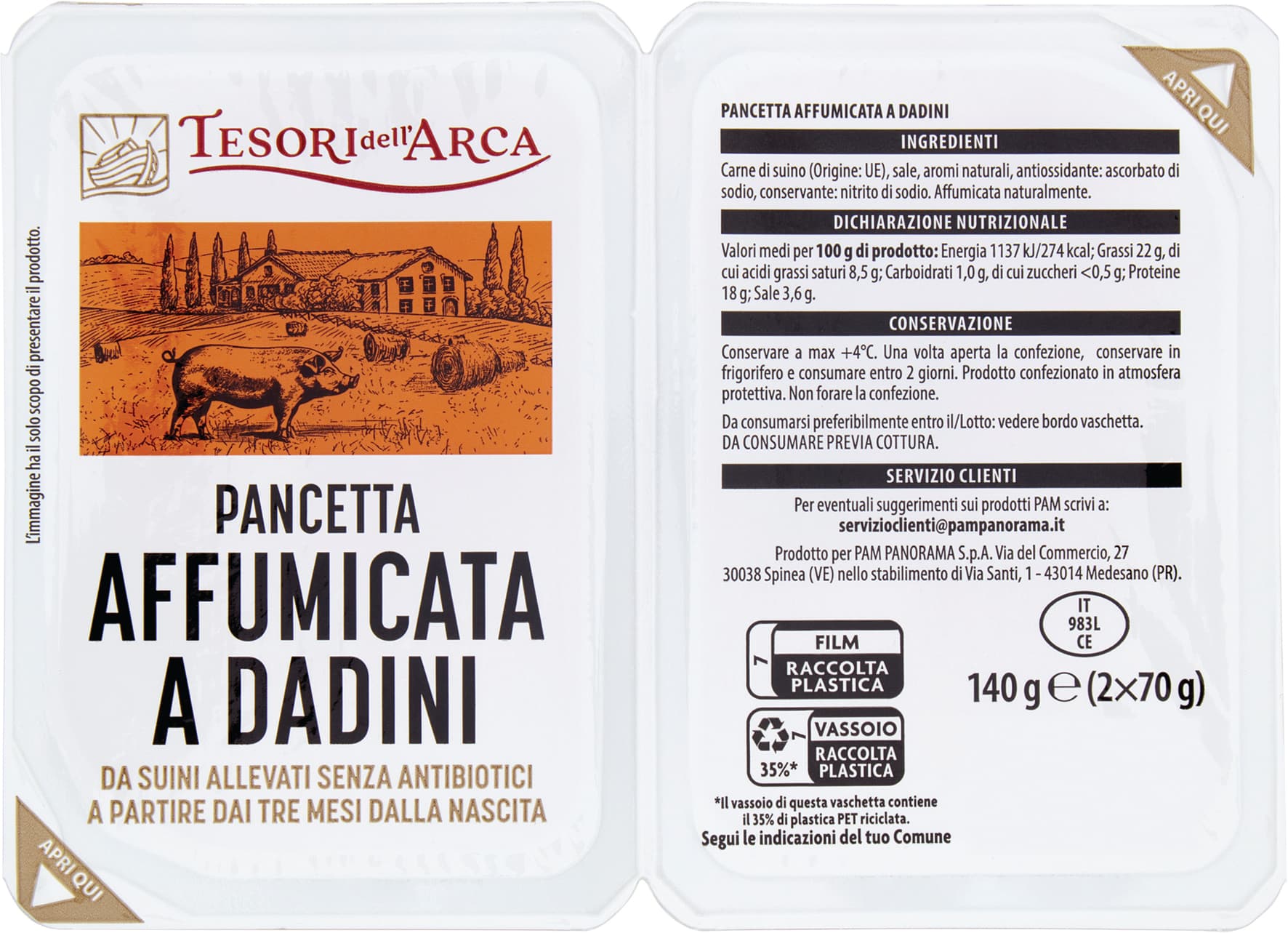 TESORI DELL'ARCA Pancetta Affumicata a Dadini 2 x 70 g – immagine 1