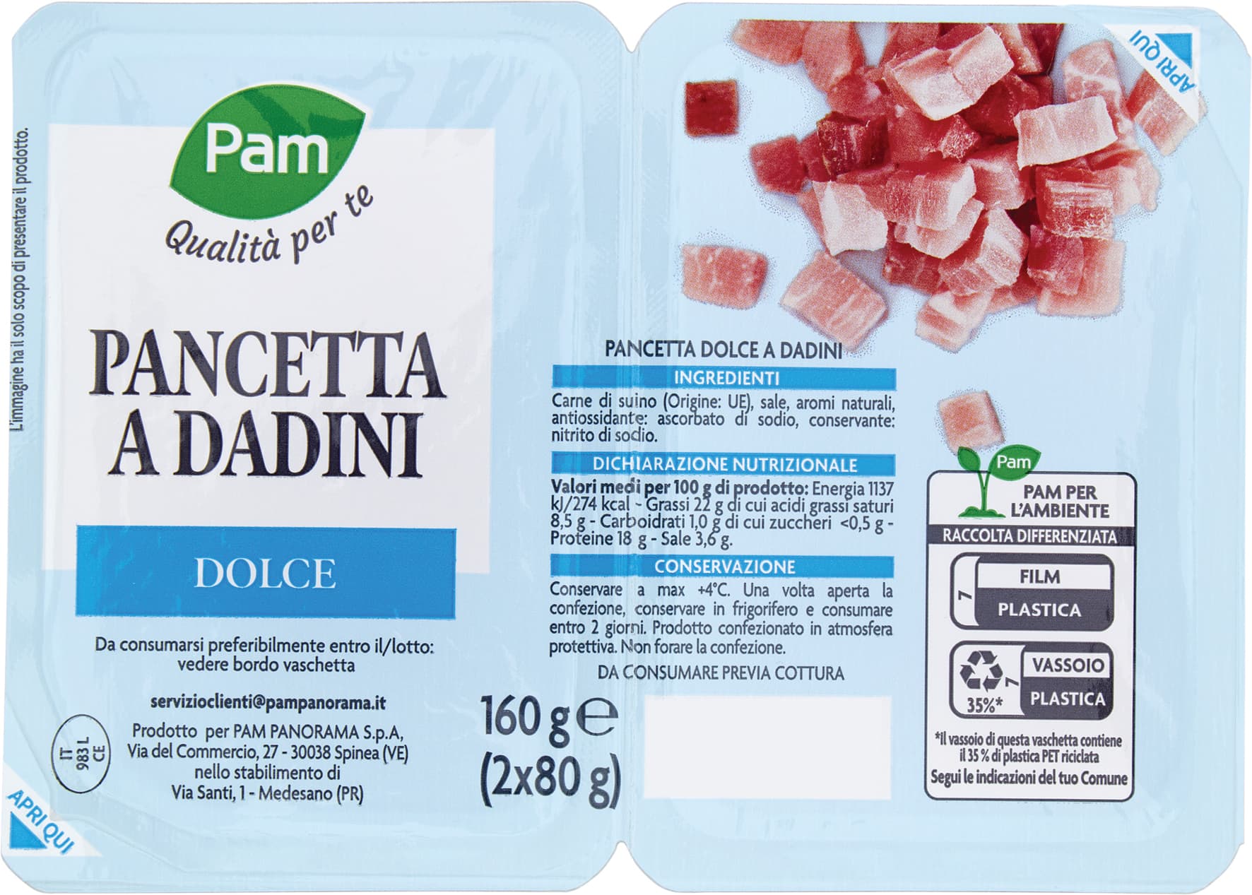 PAM Qualità per te Pancetta a Dadini Dolce 2 x 80 g – immagine 1