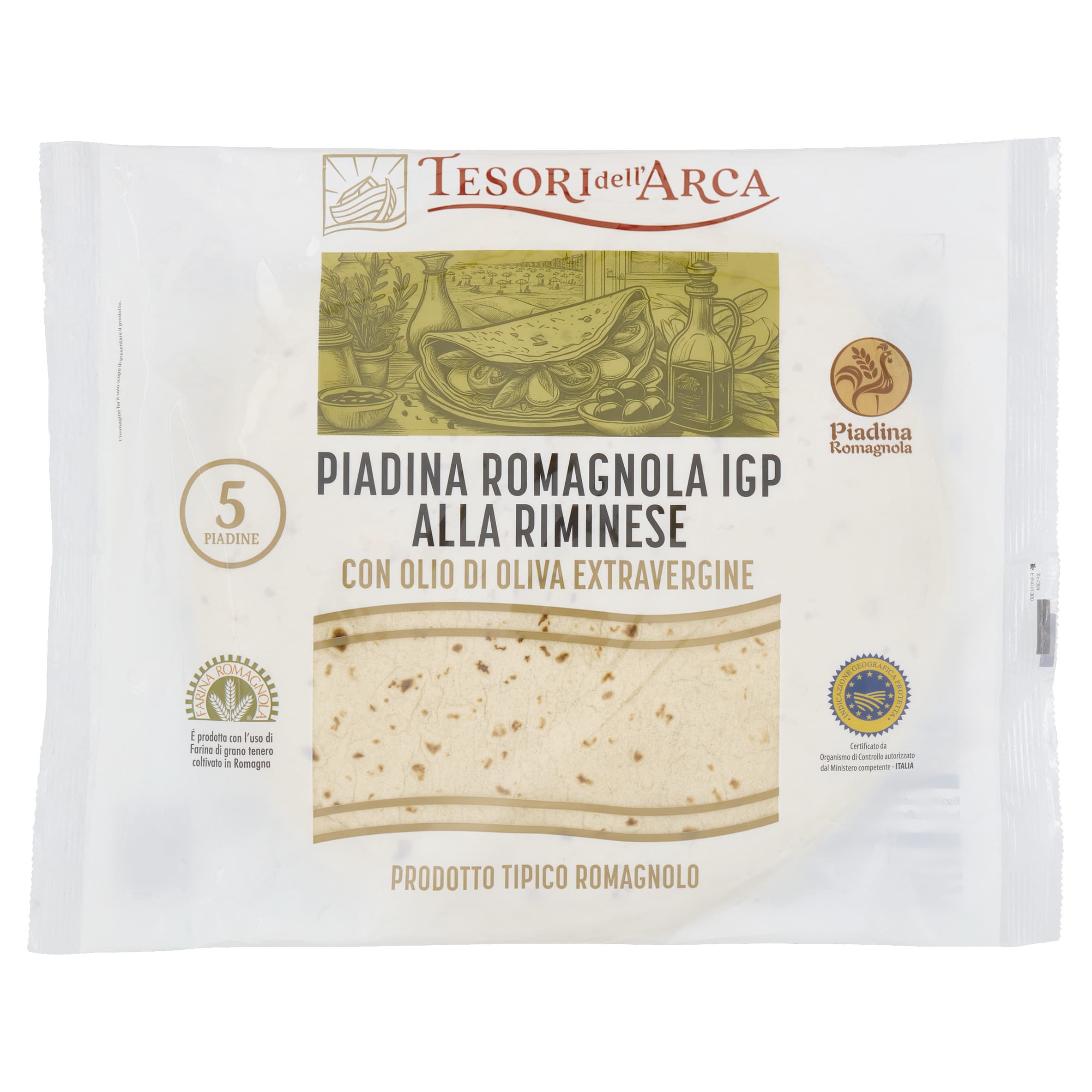 TESORI DELL'ARCA Piadina Romagnola IGP alla Riminese con Olio di Oliva Extravergine 5 x 120 g – immagine 1