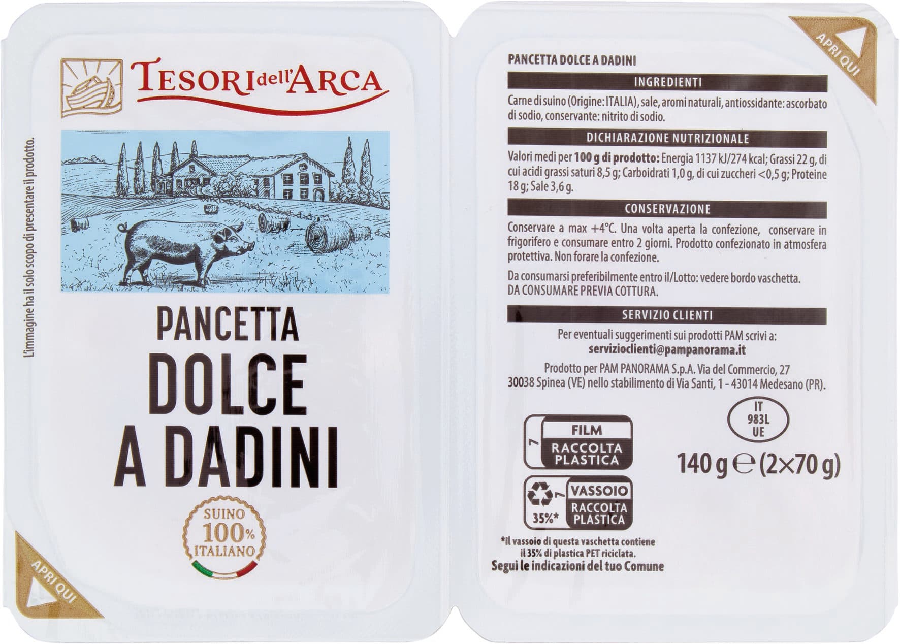 TESORI DELL'ARCA Pancetta Dolce a Dadini 2 x 70 g – immagine 1