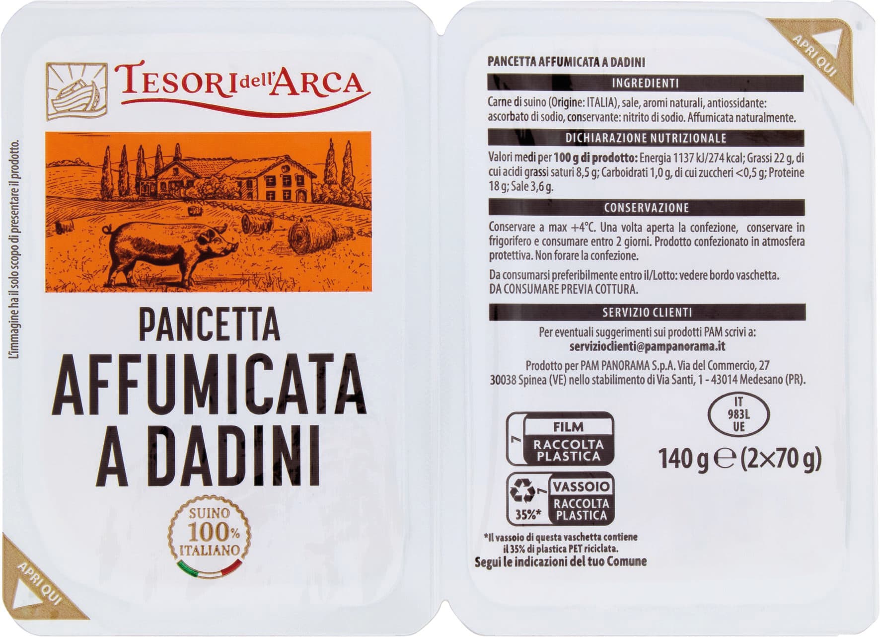 TESORI DELL'ARCA Pancetta Affumicata a Dadini 2 x 70 g – immagine 1