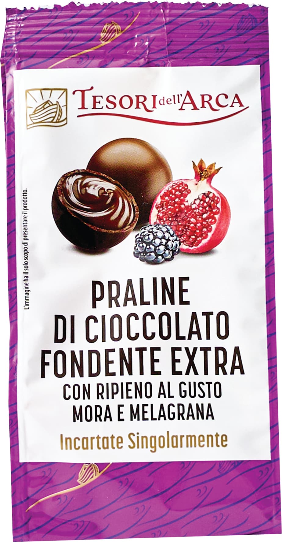 TESORI DELL'ARCA Praline di Cioccolato Fondente Extra con Ripieno al Gusto Mora e Melagrana 90 g – immagine 1