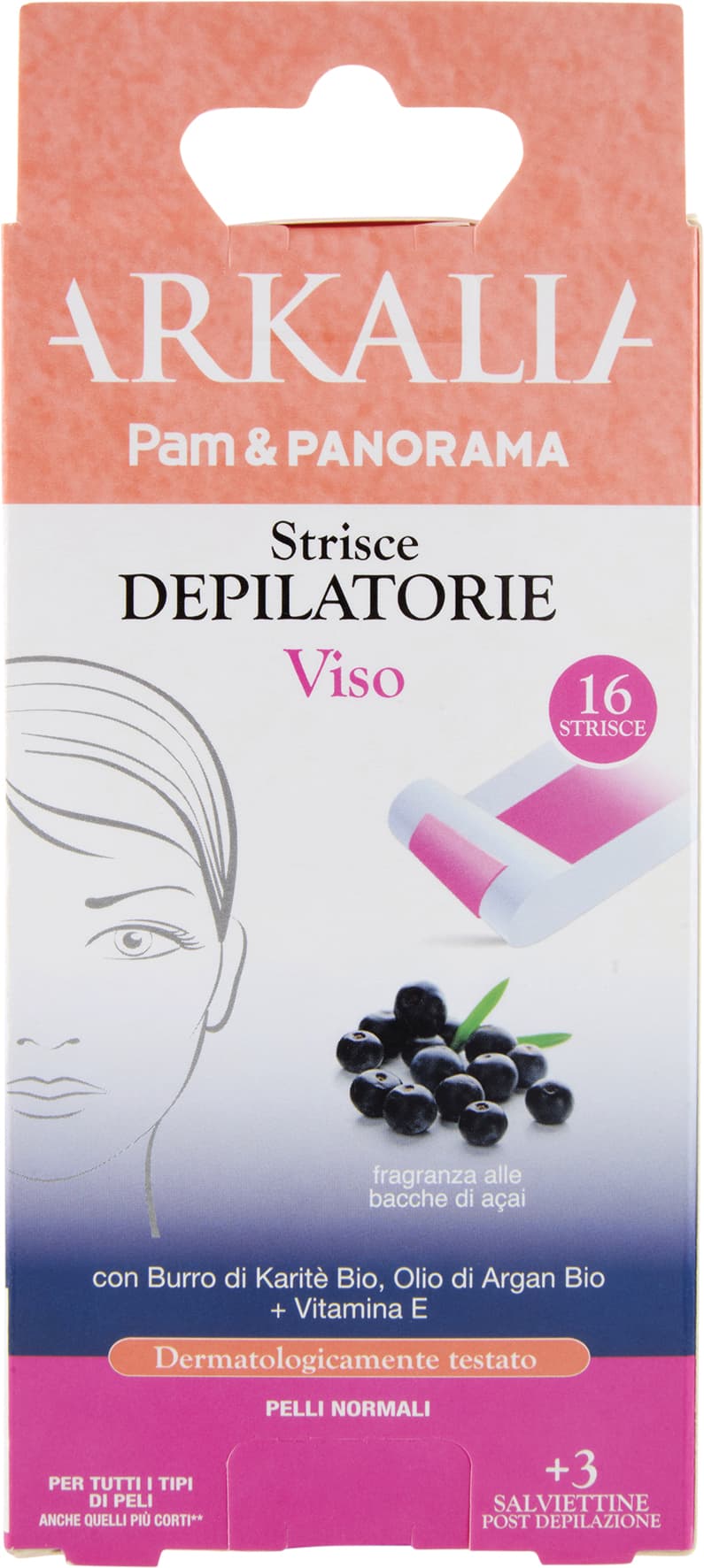 ARKALIA Strisce Depilatorie Viso Pelli Normali 16 pz + 3 Salviettine Post Depilazione – immagine 1