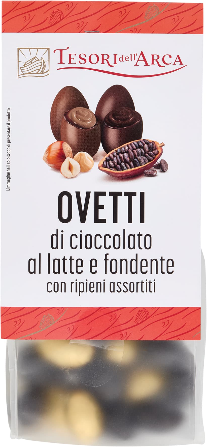 TESORI DELL'ARCA Ovetti di cioccolato al latte e fondente con ripieni assortiti 180 g Praline di cioccolato al latte con ripieno alla nocciola Praline di cioccolato fondente con ripieno al cacao e granella di fave di cacao – immagine 1