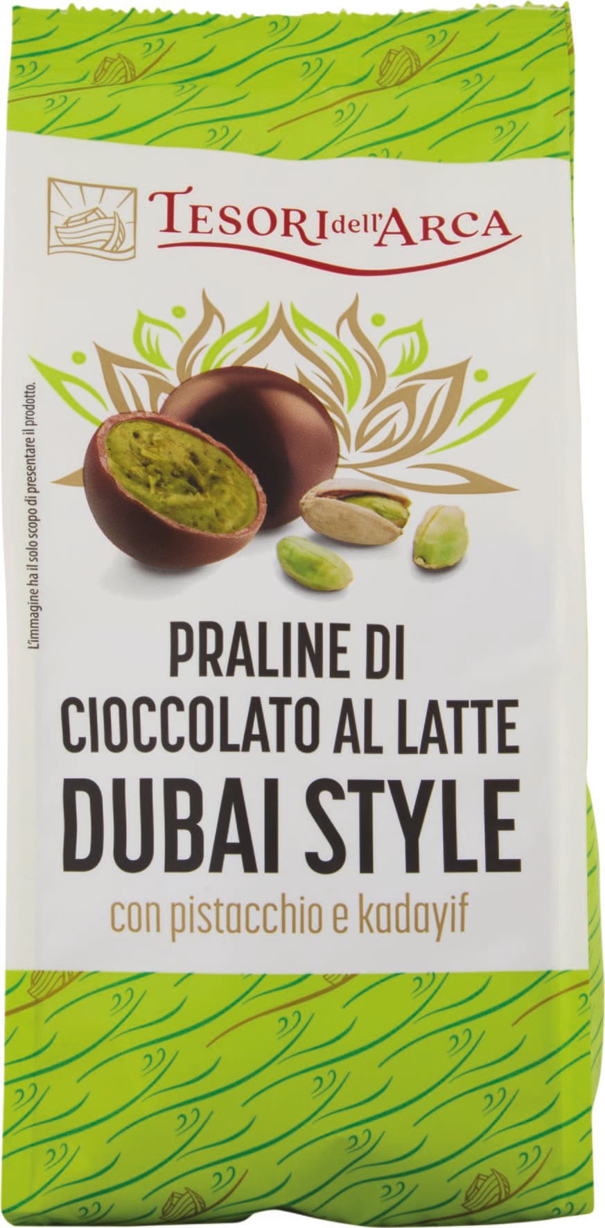 TESORI DELL'ARCA Praline di Cioccolato al Latte Dubai Style con pistacchio e cadyif 150 g – immagine 1
