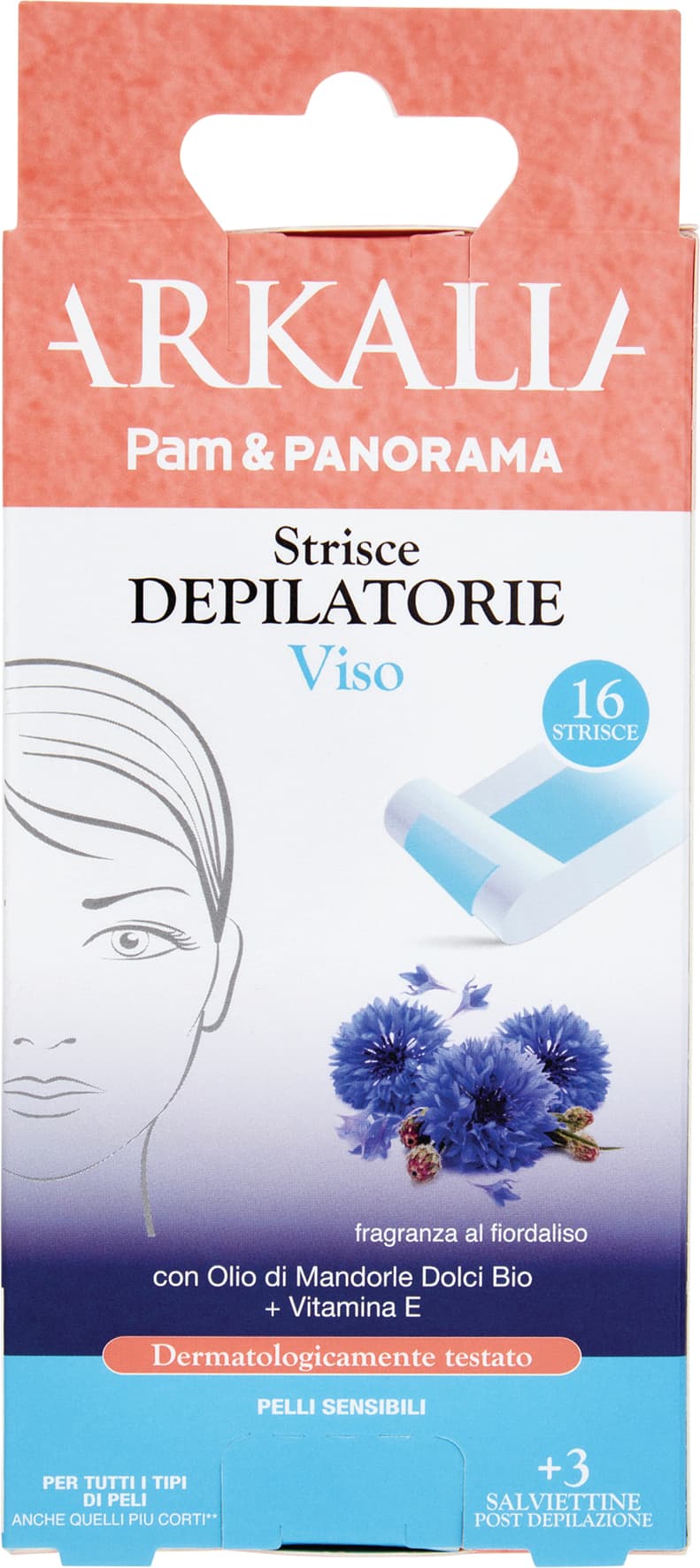 ARKALIA Strisce Depilatorie Viso Pelli Sensibili 16 Strisce + 3 Salviettine Post Depilazione – immagine 1