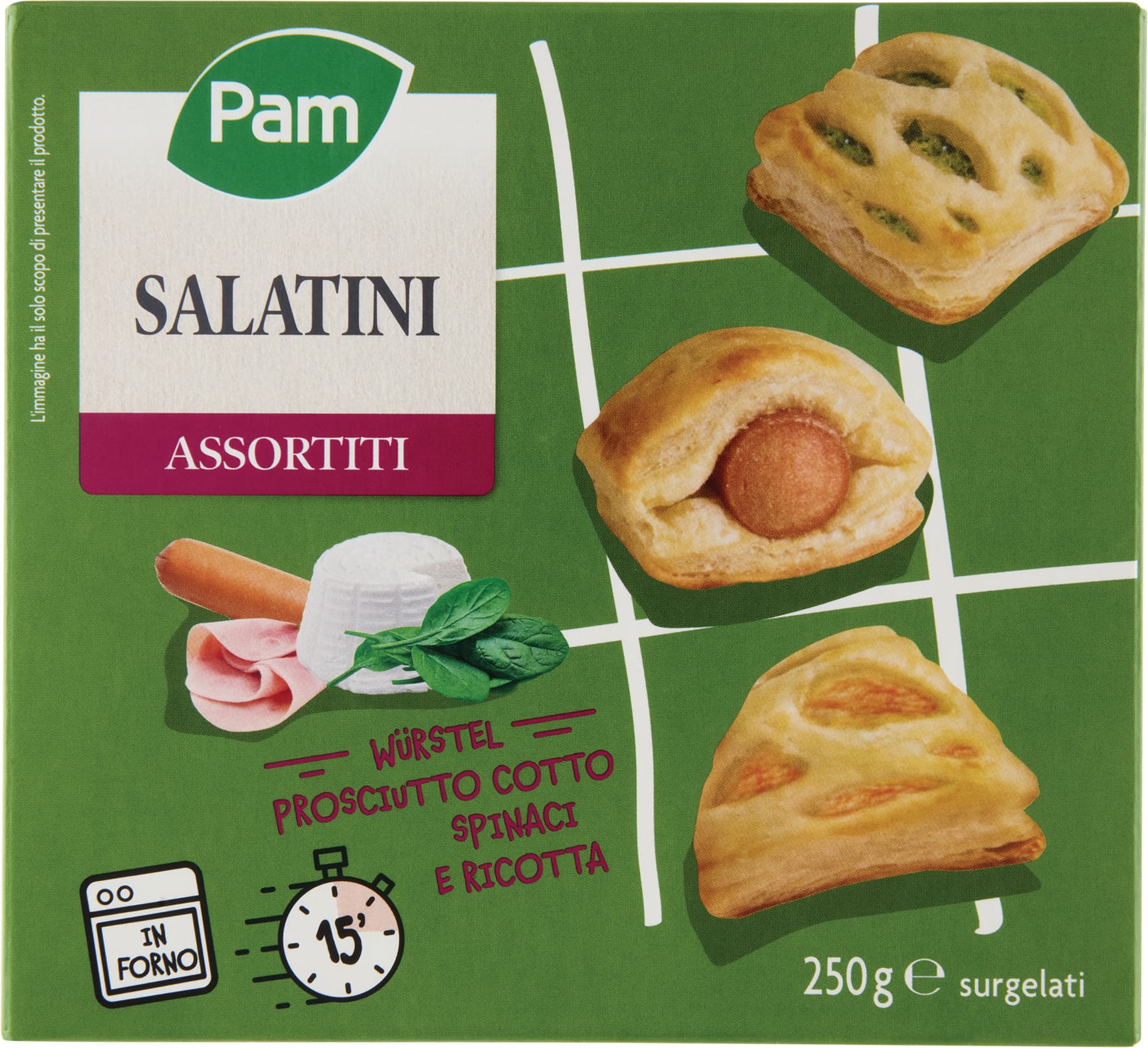 PAM Salatini Assortiti Würstel, Prosciutto Cotto, Spinaci e Ricotta surgelati 250 g – immagine 1