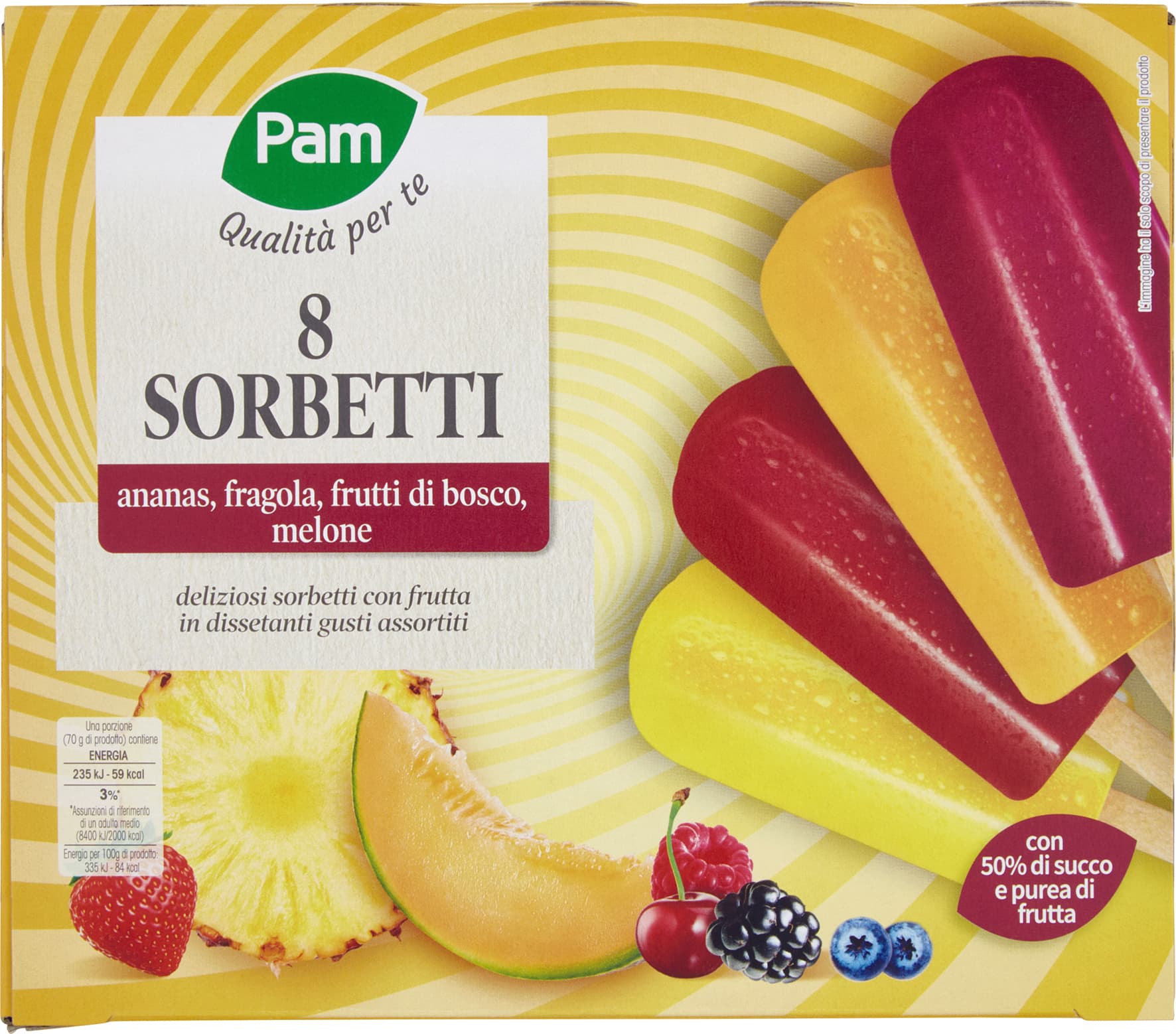 PAM PANORAMA Sorbetti Frutta Frutti di bosco Ananas Fragola Melone 8 x 70 g – immagine 1