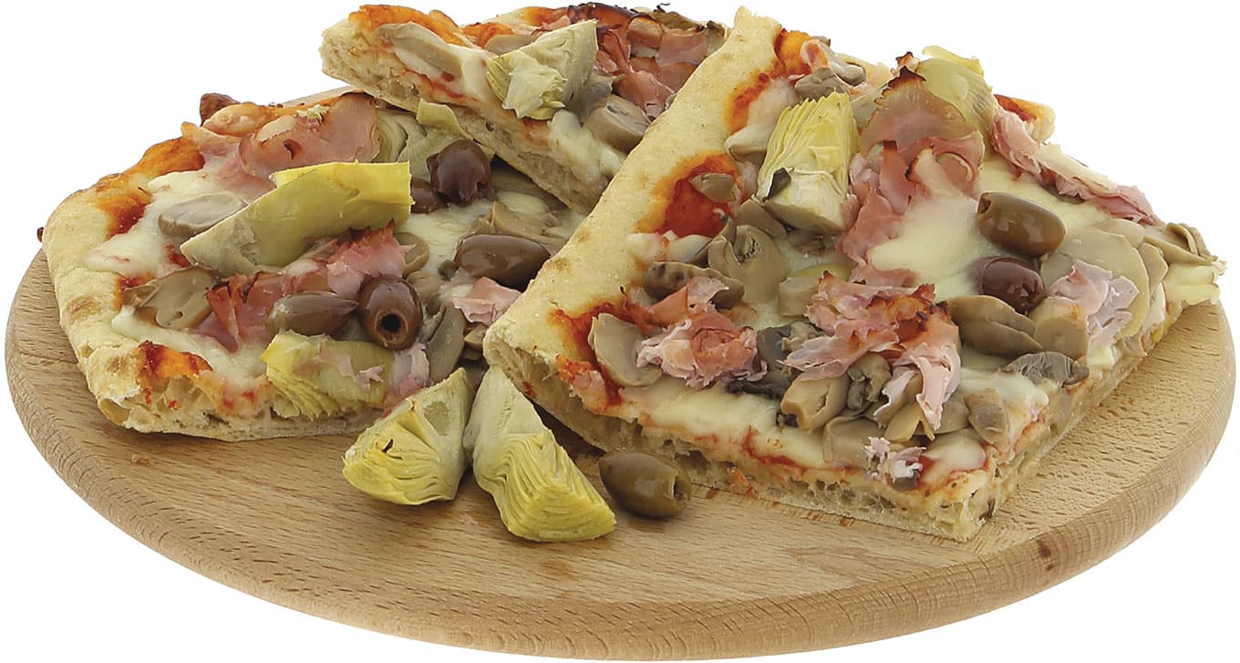 Pizza gourmet funghi carciofini prosciutto olive – immagine 1