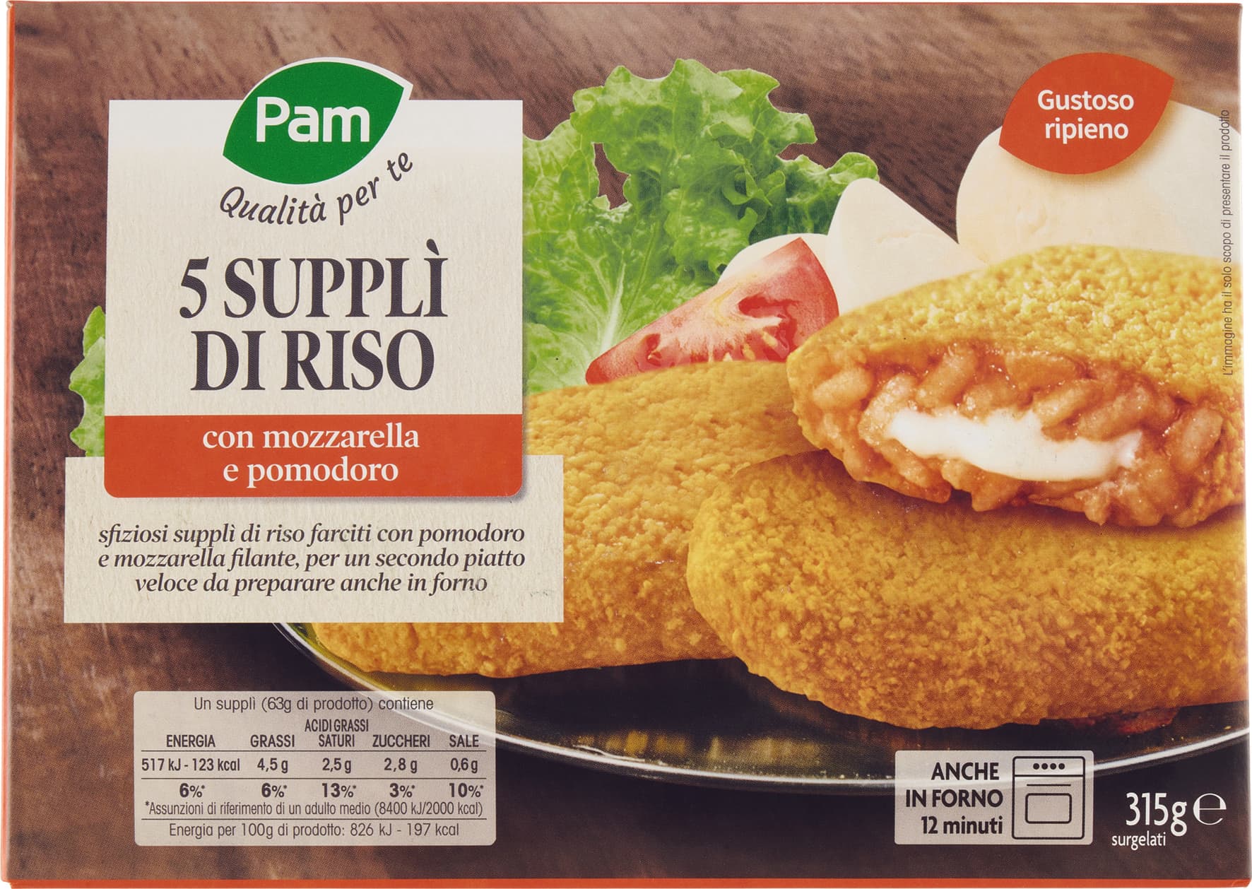 PAM PANORAMA Supplì di Riso con mozzarella e pomodoro surgelati 315g (63g x 5) – immagine 1