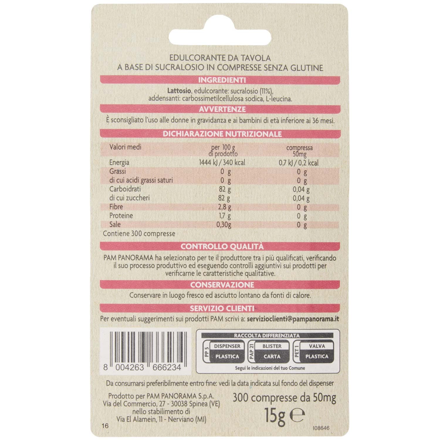 PAM PANORAMA Dolcificante in compresse ipocalorico 15g (50mg x 300) – immagine 4
