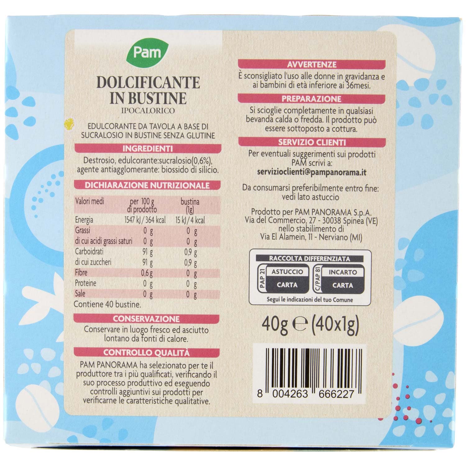 PAM Dolcificante in Bustine Ipocalorico 40 x 1 g – immagine 4