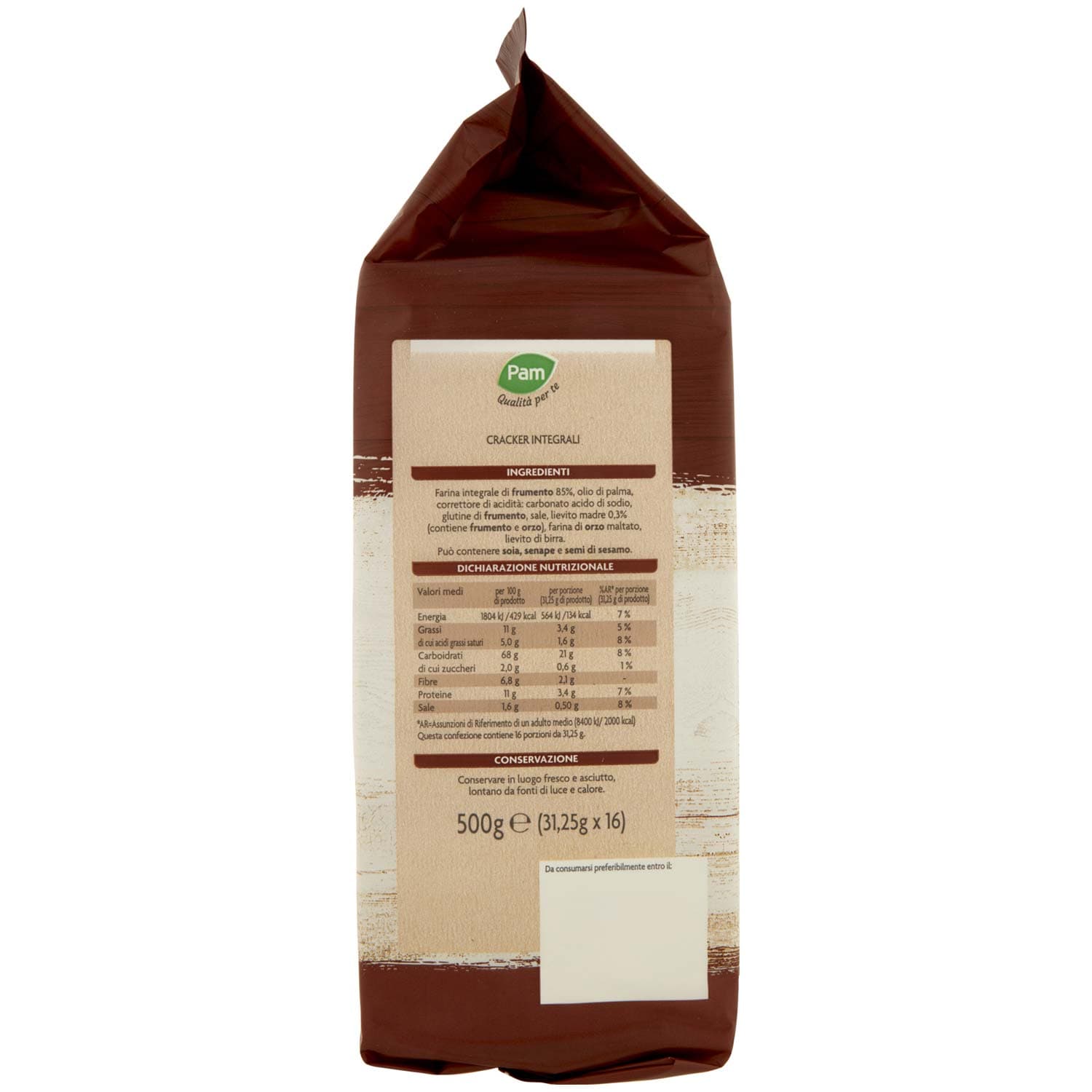 PAM Qualità per te Cracker Integrali con sola farina integrale di frumento 16 x 31,25 g – immagine 3