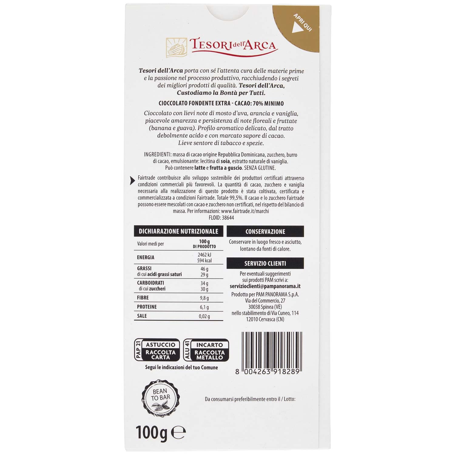 TESORI DELL'ARCA Cioccolato Fondente Extra 70% Cacao 100 g – immagine 4