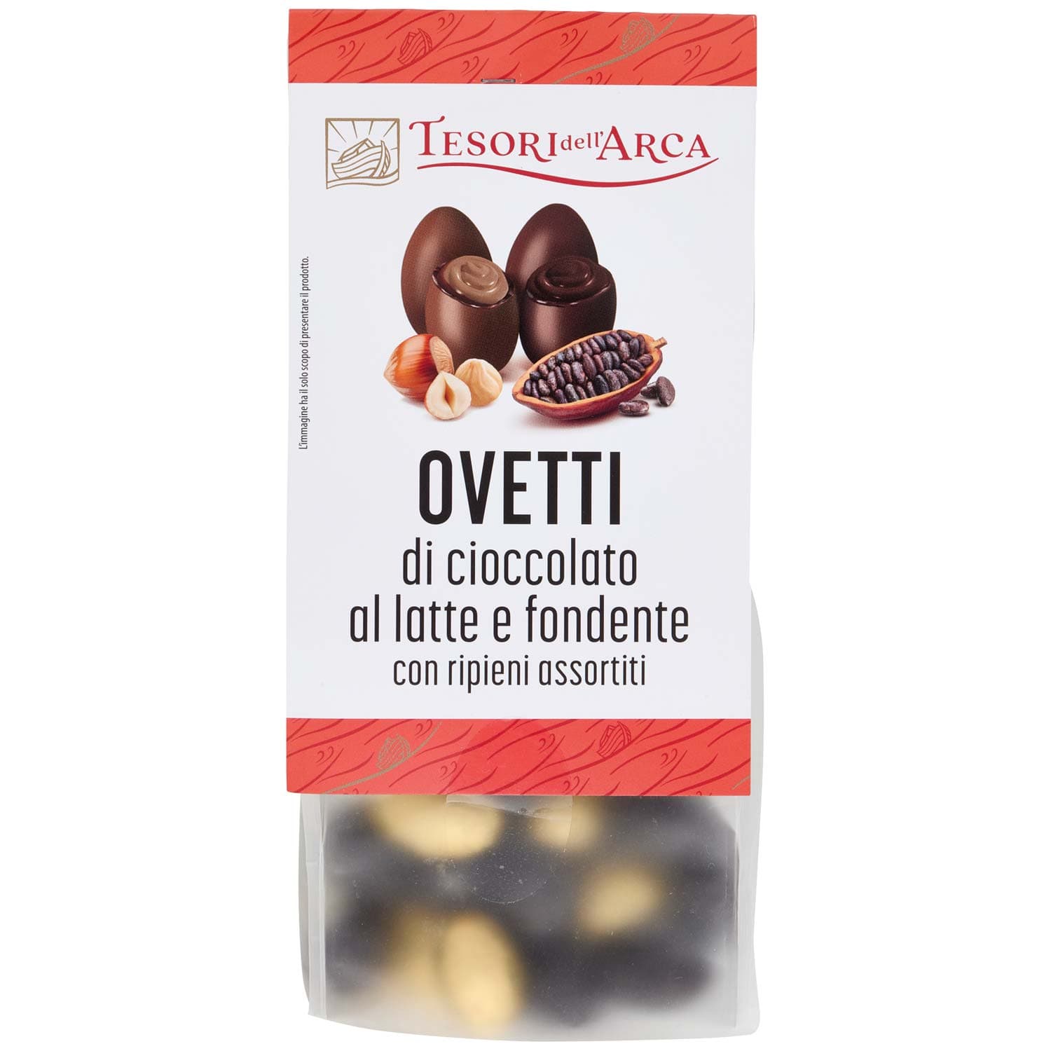 TESORI DELL'ARCA Ovetti di cioccolato al latte e fondente con ripieni assortiti 180 g Praline di cioccolato al latte con ripieno alla nocciola Praline di cioccolato fondente con ripieno al cacao e granella di fave di cacao – immagine 2