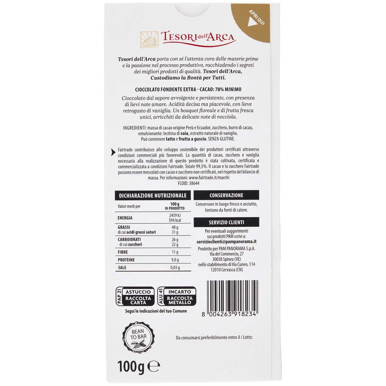 TESORI DELL'ARCA Cioccolato Fondente Extra 78% Cacao Ardente 100 g – immagine 4