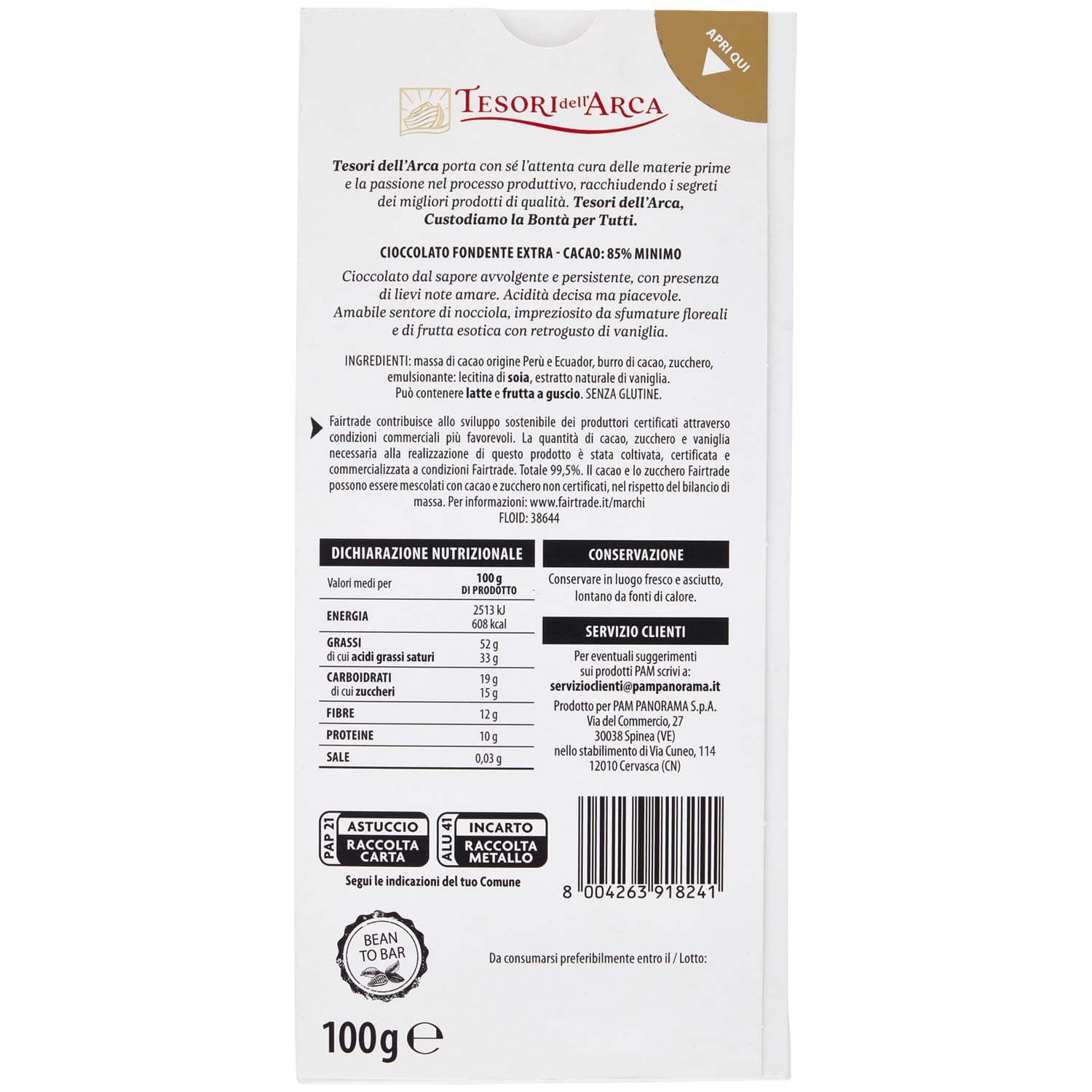 TESORI DELL'ARCA Cioccolato Fondente Extra 85% Cacao Deciso 100 g – immagine 4