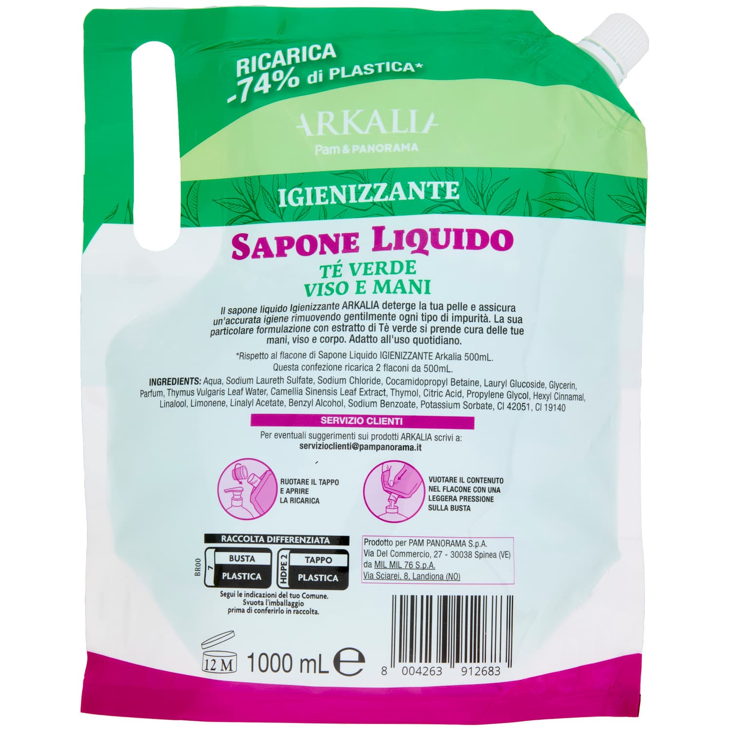 ARKALIA Sapone Liquido Igienizzante Tè Verde Viso e Mani Ricarica 1 L – immagine 4