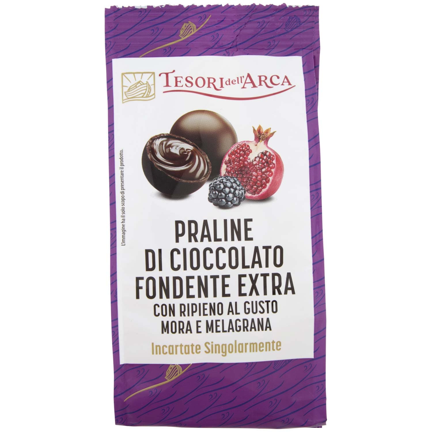 TESORI DELL'ARCA Praline di Cioccolato Fondente Extra con Ripieno al Gusto Mora e Melagrana 90 g – immagine 2