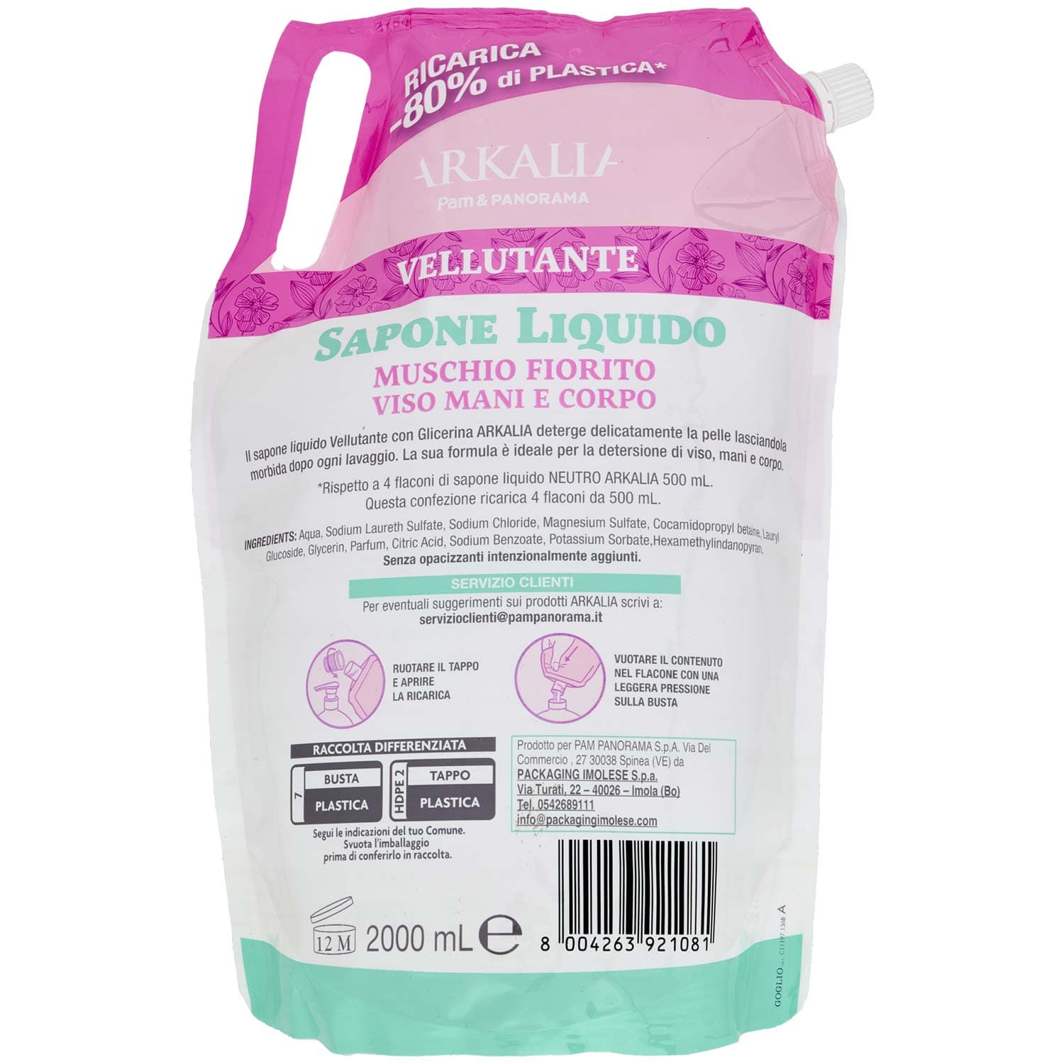 ARKALIA Sapone Liquido Muschio Fiorito Viso Mani e Corpo Ricarica 2 L – immagine 4