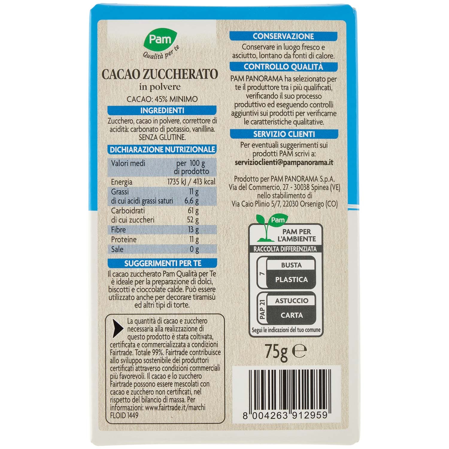 PAM Qualità per te Cacao Zuccherato in polvere 75 g – immagine 4