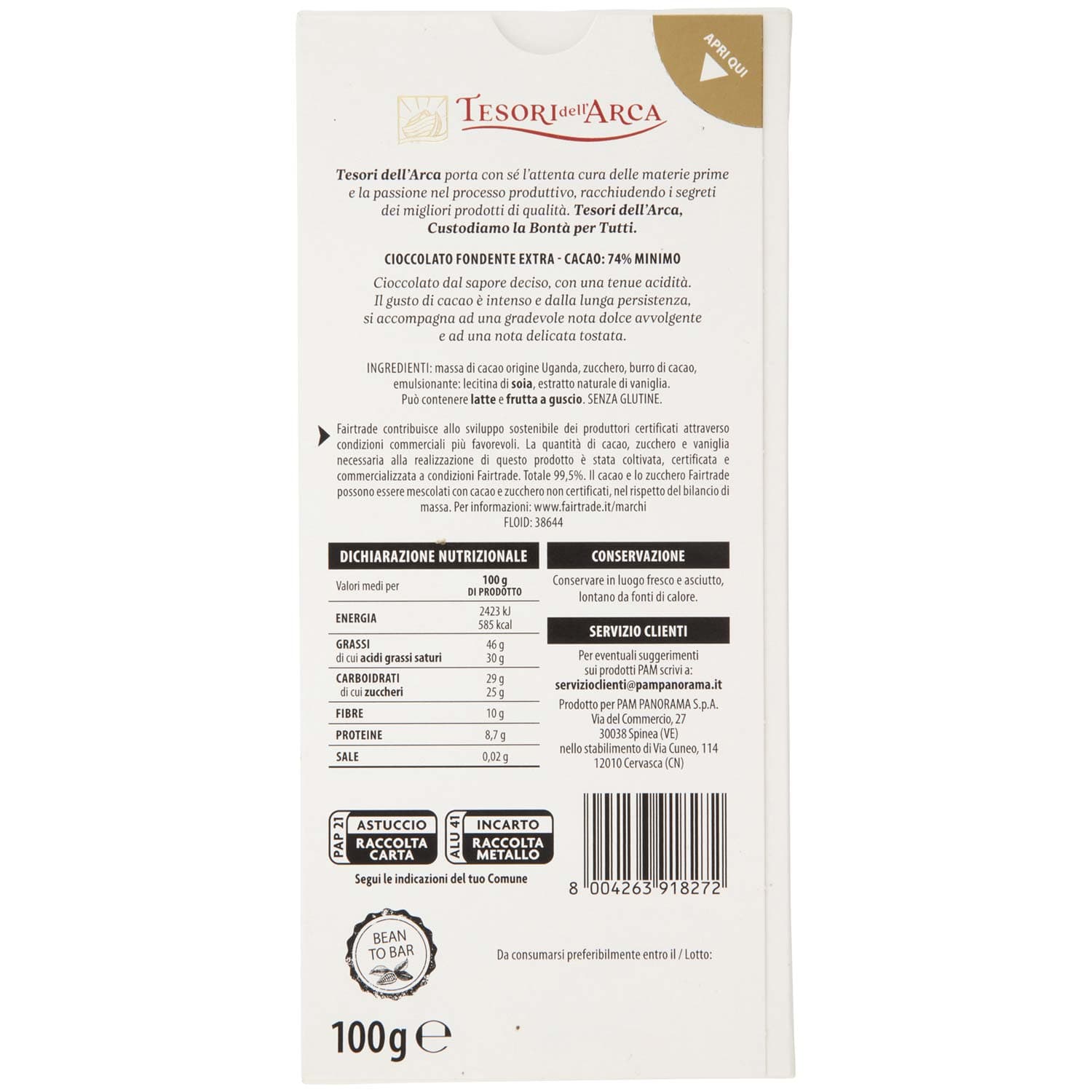 TESORI DELL'ARCA Cioccolato Fondente Extra 74% Cacao 100 g – immagine 4