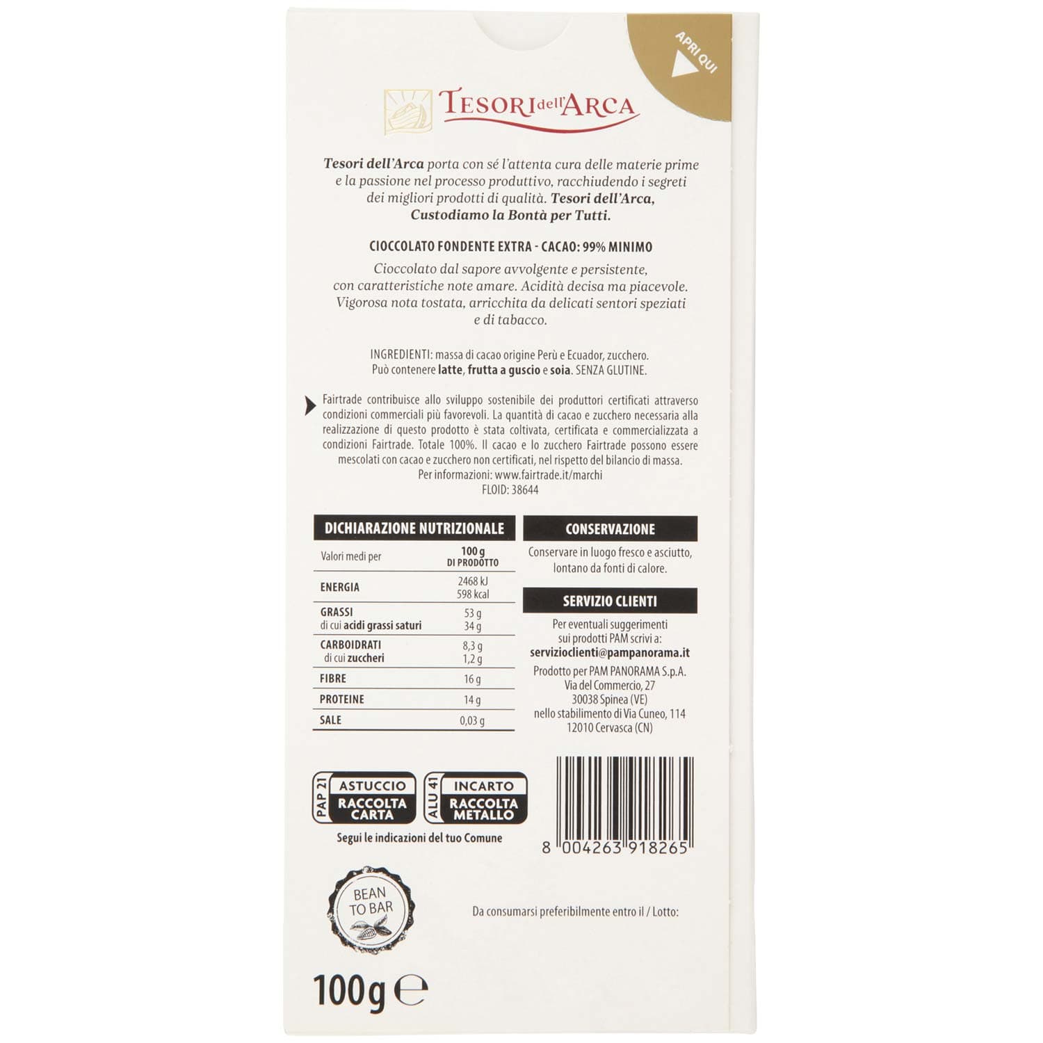 TESORI DELL'ARCA Cioccolato Fondente Extra 99% Cacao Nobile 100 g – immagine 4