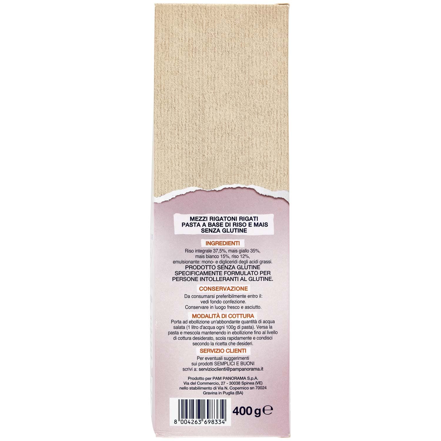 SEMPLICI E BUONI Senza Glutine Mezzi Rigatoni Rigati Riso e Mais 400 g – immagine 3