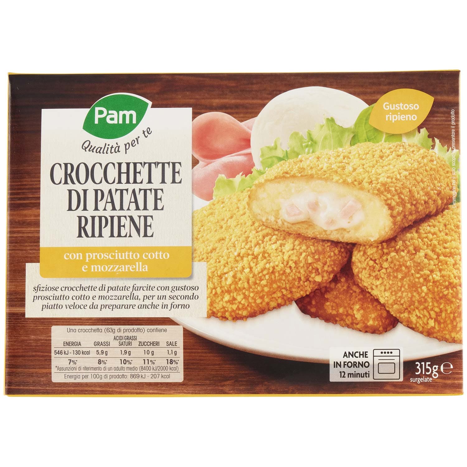 PAM PANORAMA Crocchette di Patate Ripiene con mozzarella e prosciutto cotto surgelate 315g (63g x 5) – immagine 2