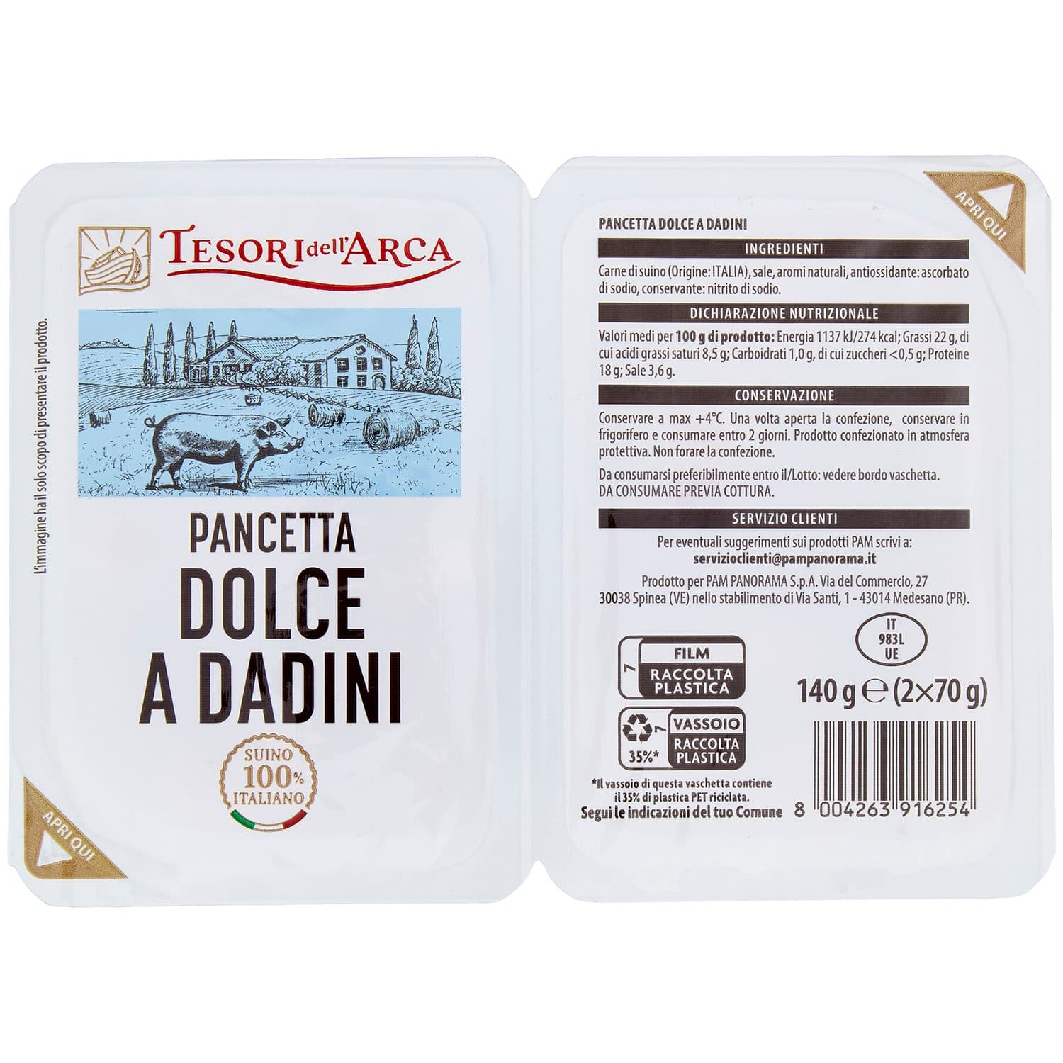 TESORI DELL'ARCA Pancetta Dolce a Dadini 2 x 70 g – immagine 2