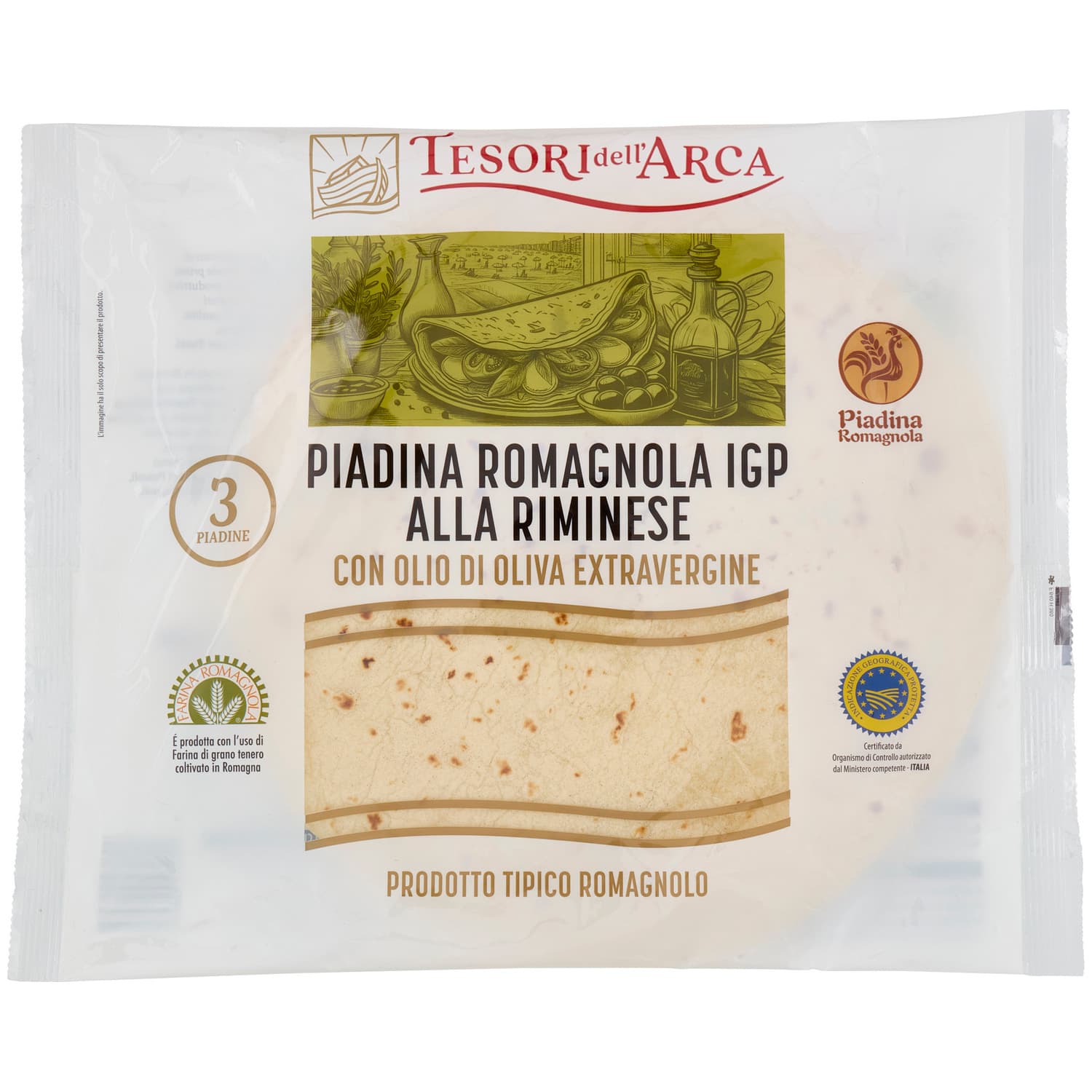 TESORI DELL'ARCA Piadina Romagnola IGP alla Riminese con Olio di Oliva Extravergine 3 x 120 g – immagine 2