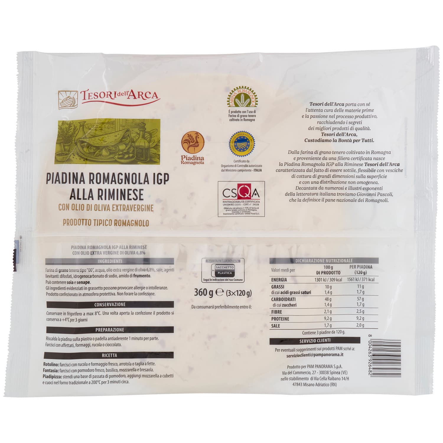 TESORI DELL'ARCA Piadina Romagnola IGP alla Riminese con Olio di Oliva Extravergine 3 x 120 g – immagine 4