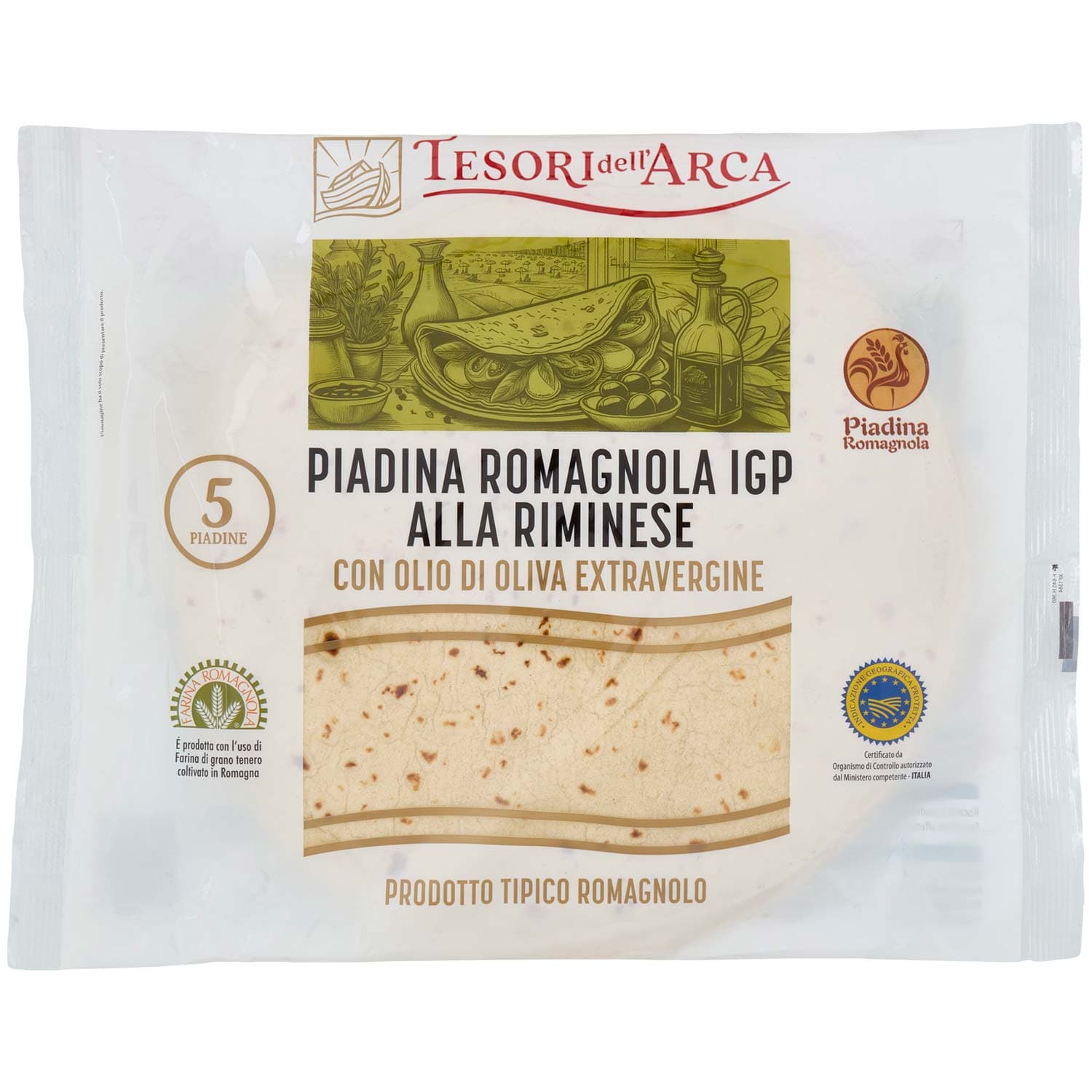 TESORI DELL'ARCA Piadina Romagnola IGP alla Riminese con Olio di Oliva Extravergine 5 x 120 g – immagine 2